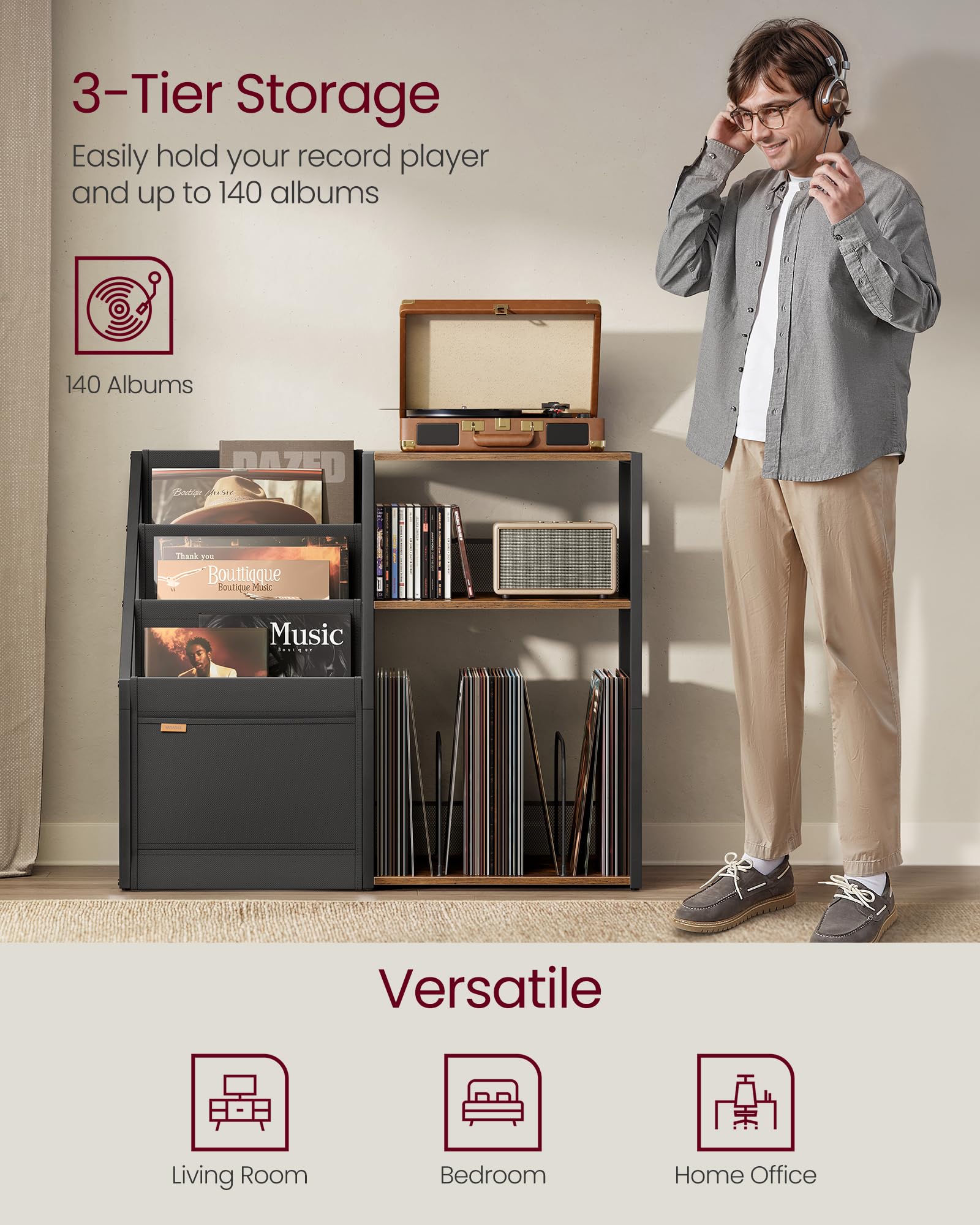VASAGLE Record Player Stand - 3-Tier Storage for 140 Albums | Rustic Brown End Table 3