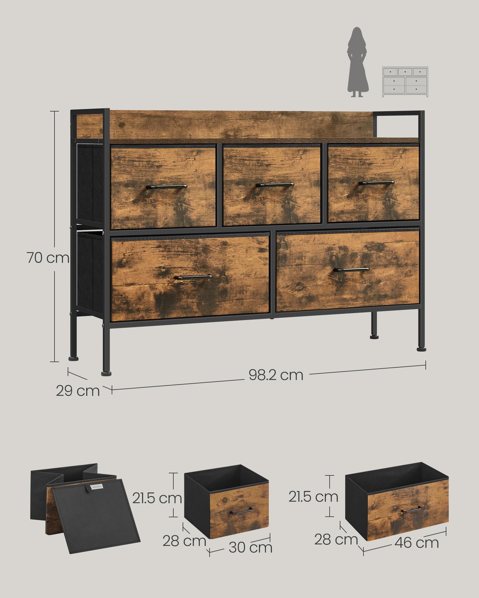 SONGMICS Chest of Drawers - 5 Fabric Drawers, Steel Frame, Rustic Brown/Ink Black | 98.2W x 70H cm 3