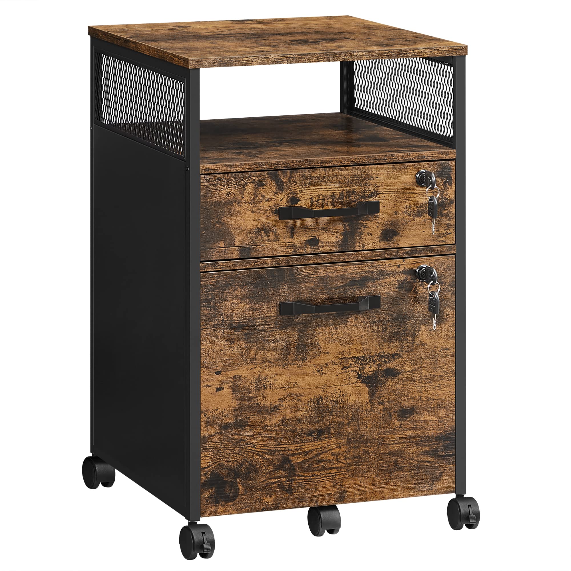 VASAGLE Mobile File Cabinet with 2 Lockable Drawers | Rustic Brown + Black | 44x42x69 cm