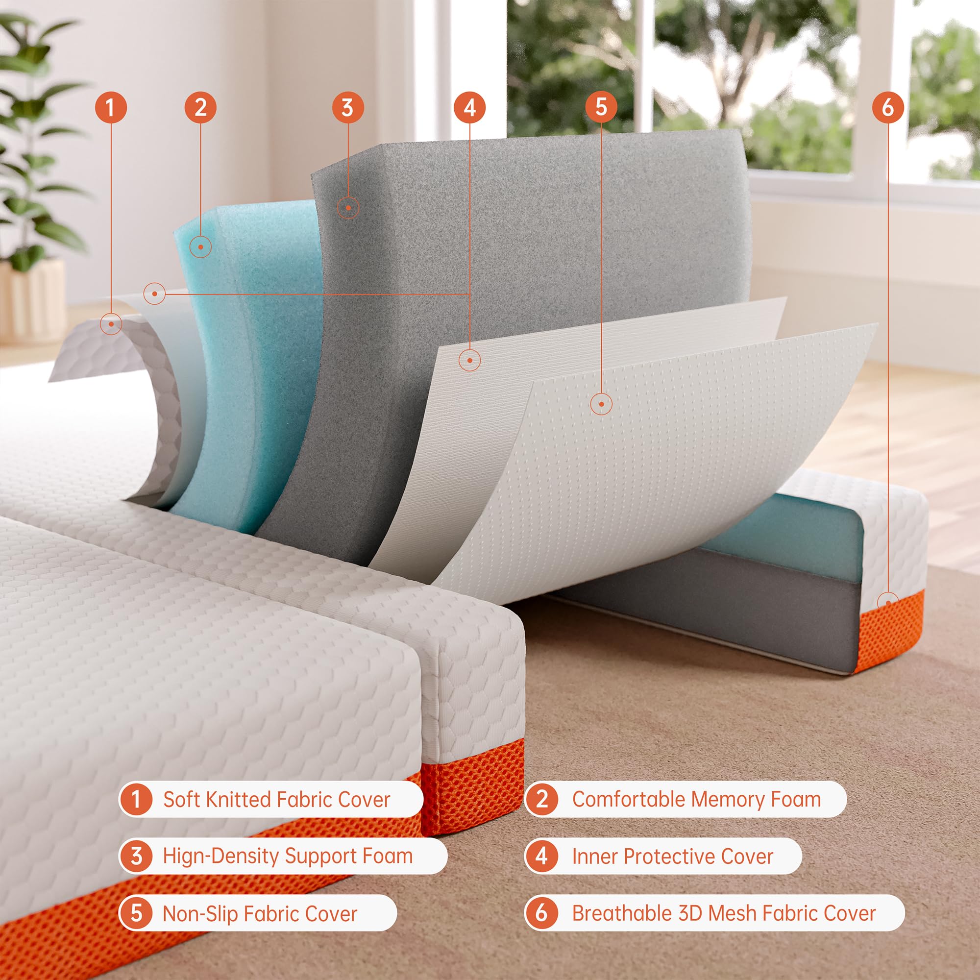 TeQsli Folding Mattress - 15cm Single Memory Foam, OEKO-TEX & CertiPUR-US Approved | Portable 3