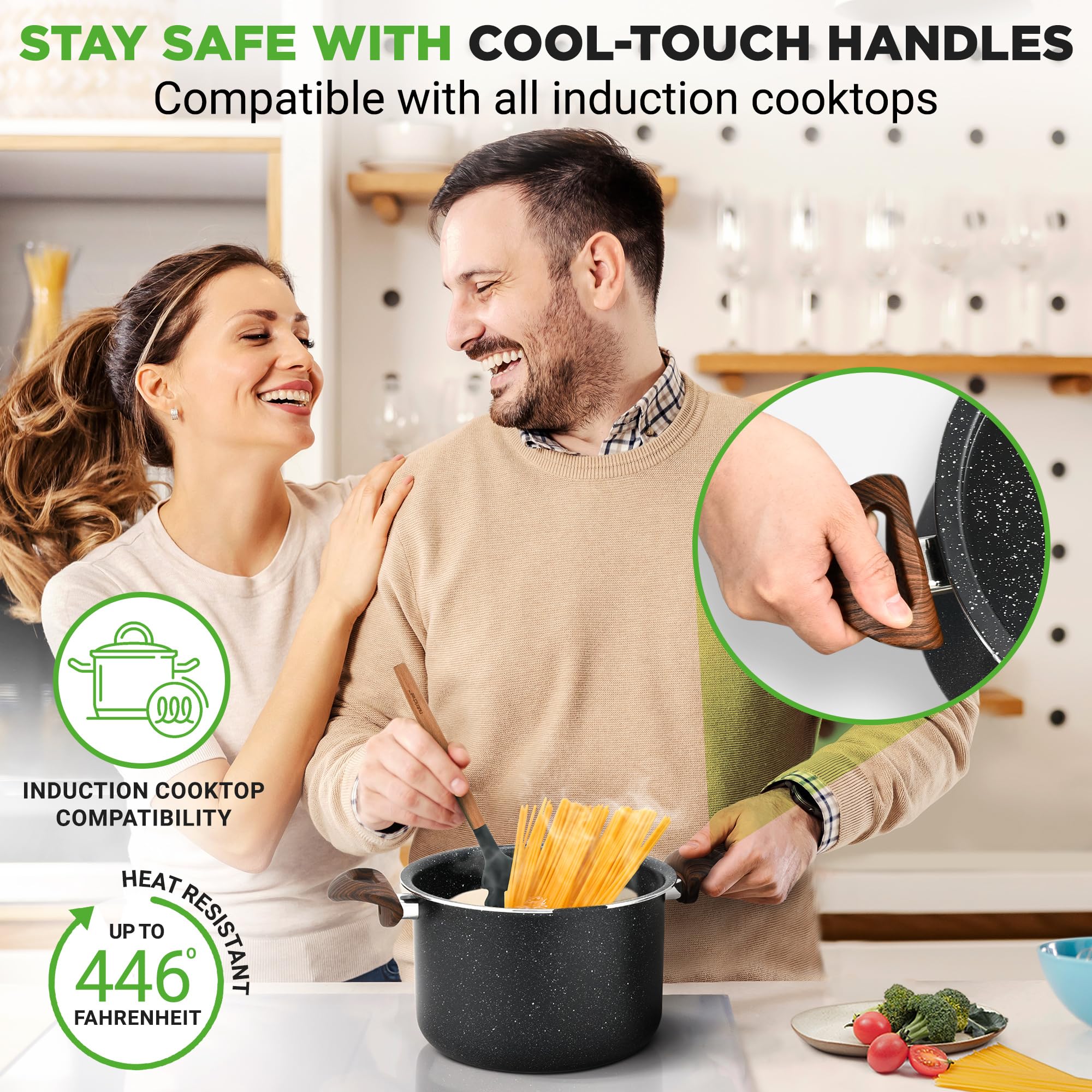 Nutrichef 5.1L Nonstick Pasta Pot with Strainer Lid and Pasta Fork | Aluminum | Black 5