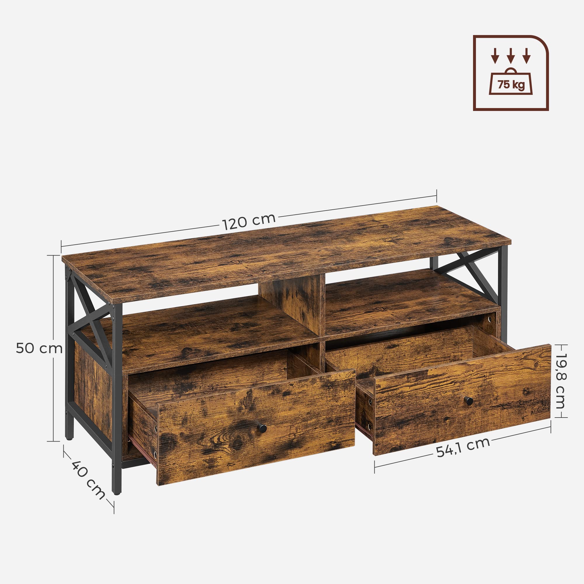 VASAGLE TV Stand for 55-Inch TV - Rustic Brown & Black | 2 Drawers, 2 Shelves | 120cm Wide 3