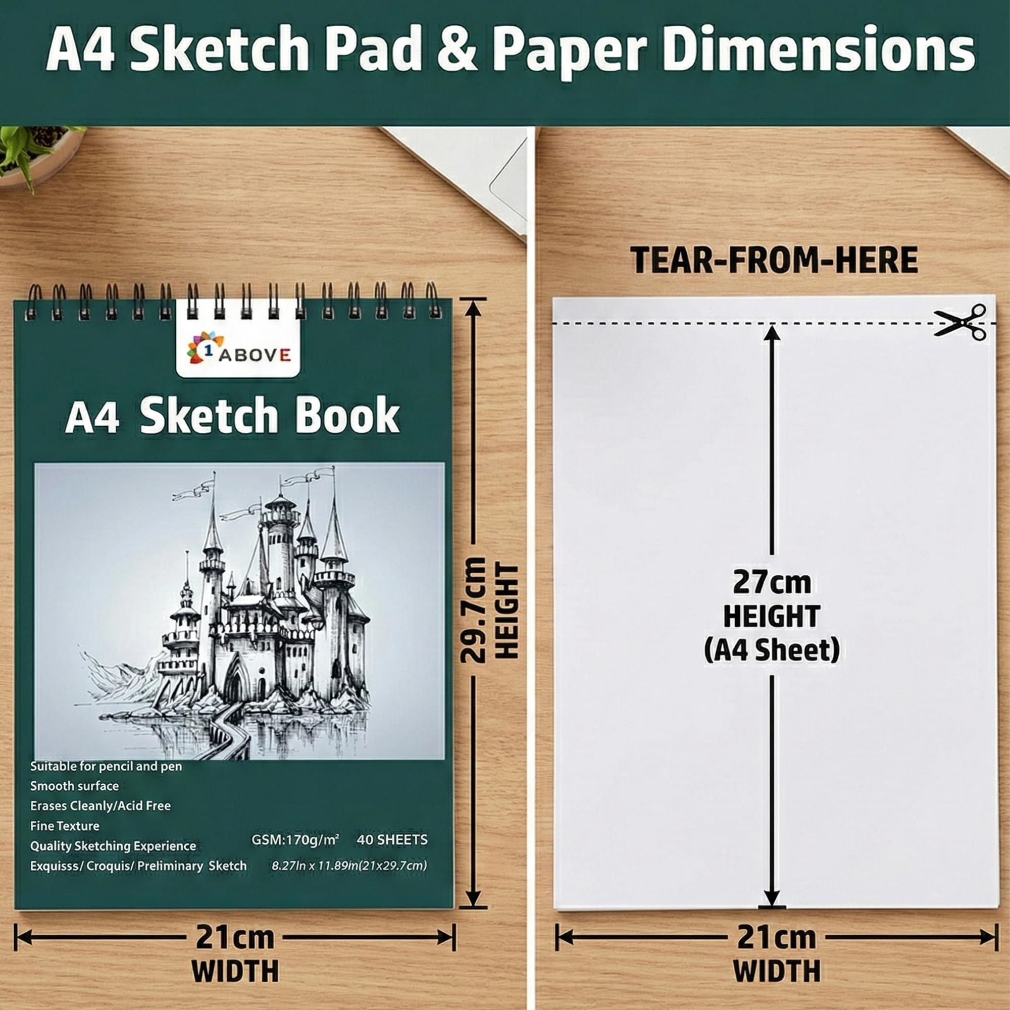1ABOVE Artists Sketch Pad - A4 Spiral Bound, 40 Sheets, 170gsm Acid-Free Paper