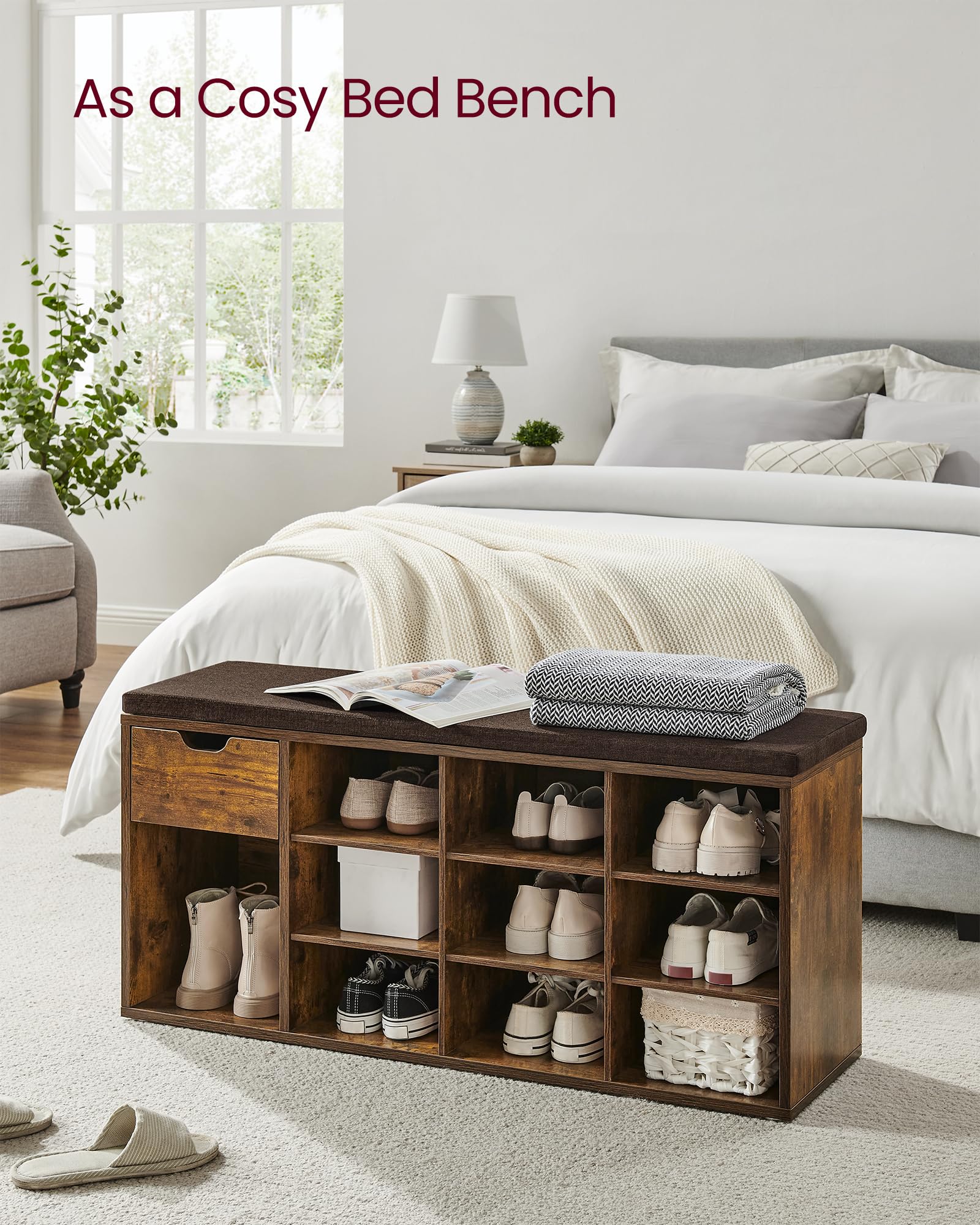 VASAGLE Shoe Storage Bench with Cushion, Drawer, and Open Compartments | 104 cm Width 4