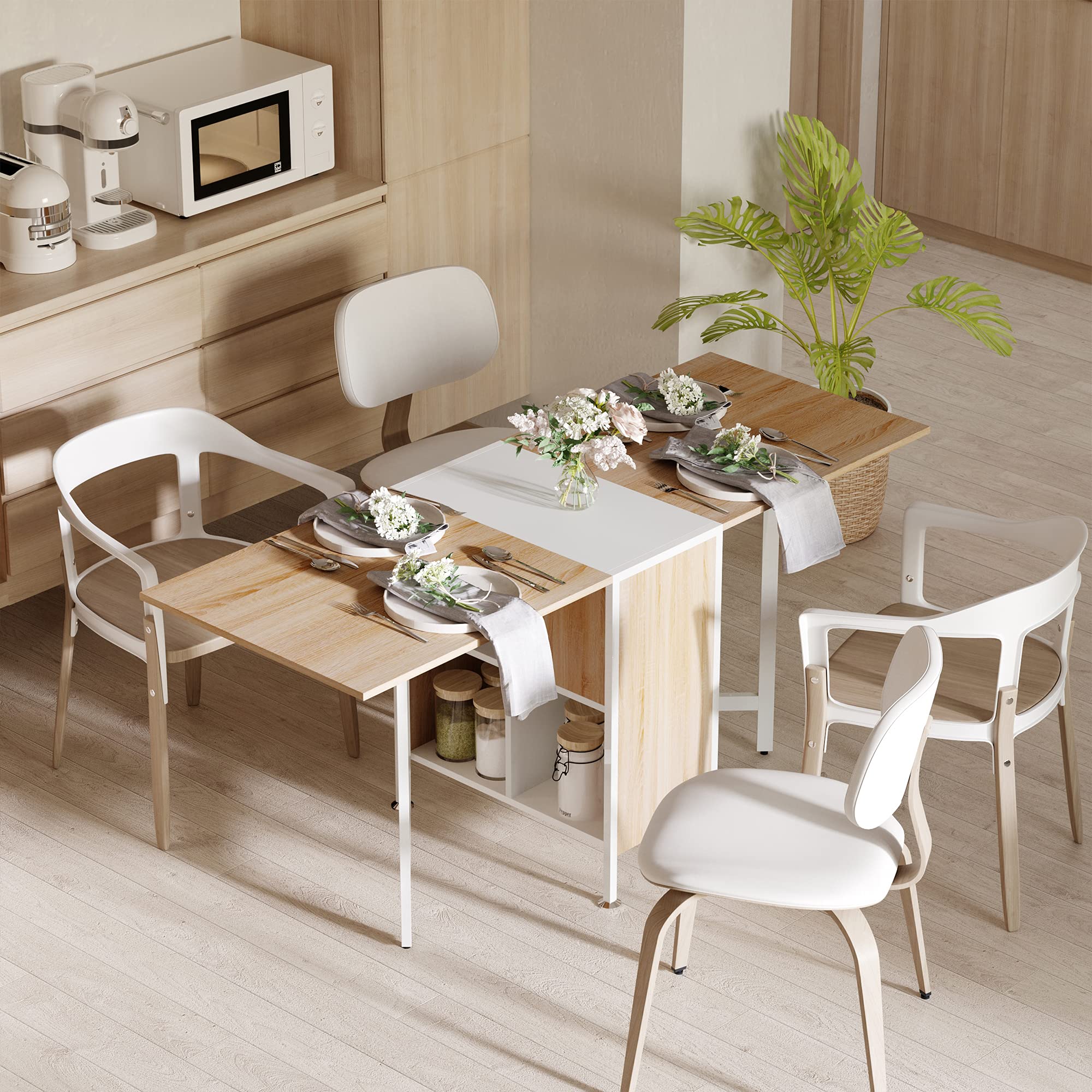 HOMCOM Foldable Drop Leaf Dining Table with Storage Shelf | Oak/White | Extends to 169L cm 7