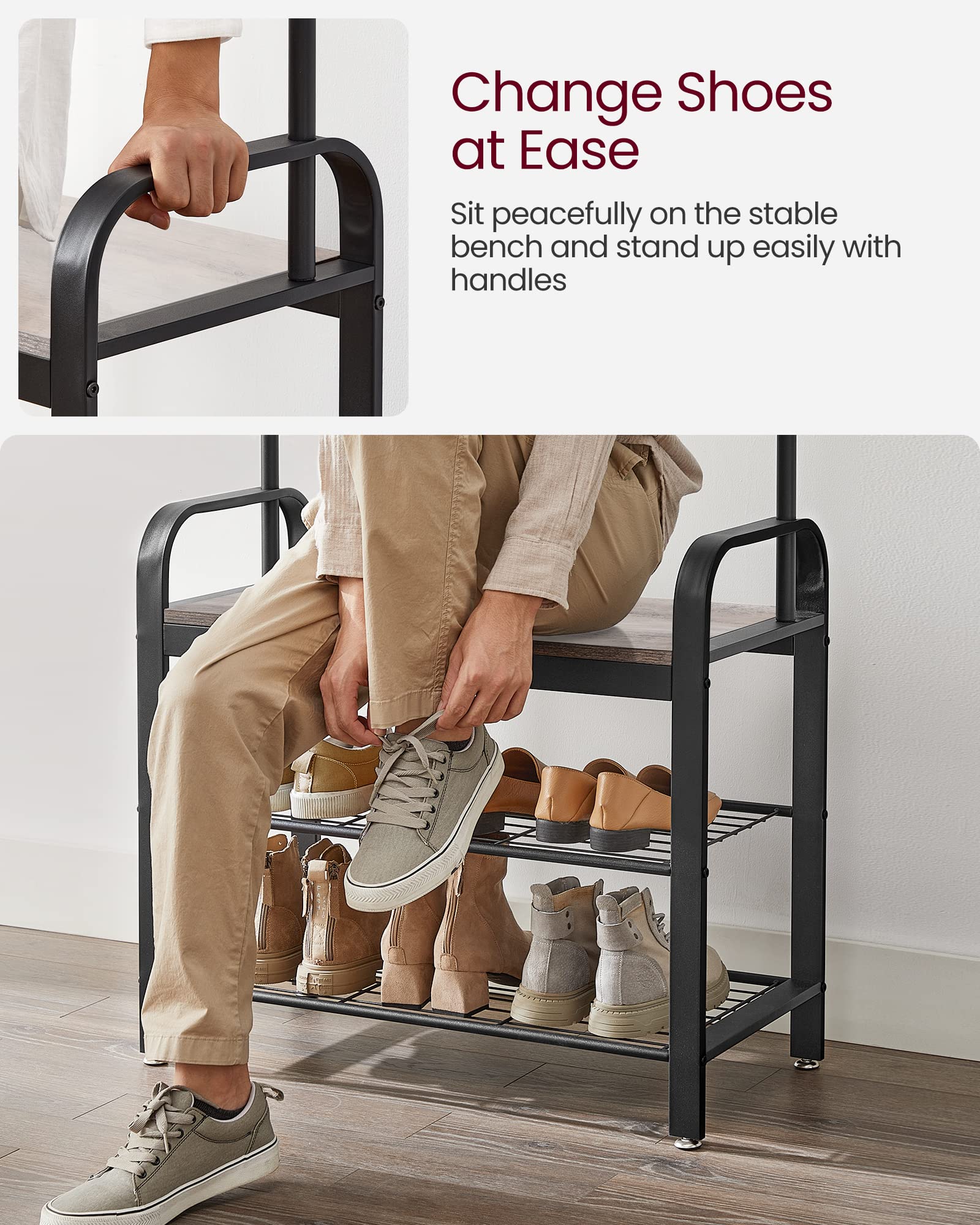 VASAGLE 4-in-1 Coat Rack with Shoe Storage Bench | 9 Removable Hooks | Greige & Black | 72 x 34 x 183 cm 8