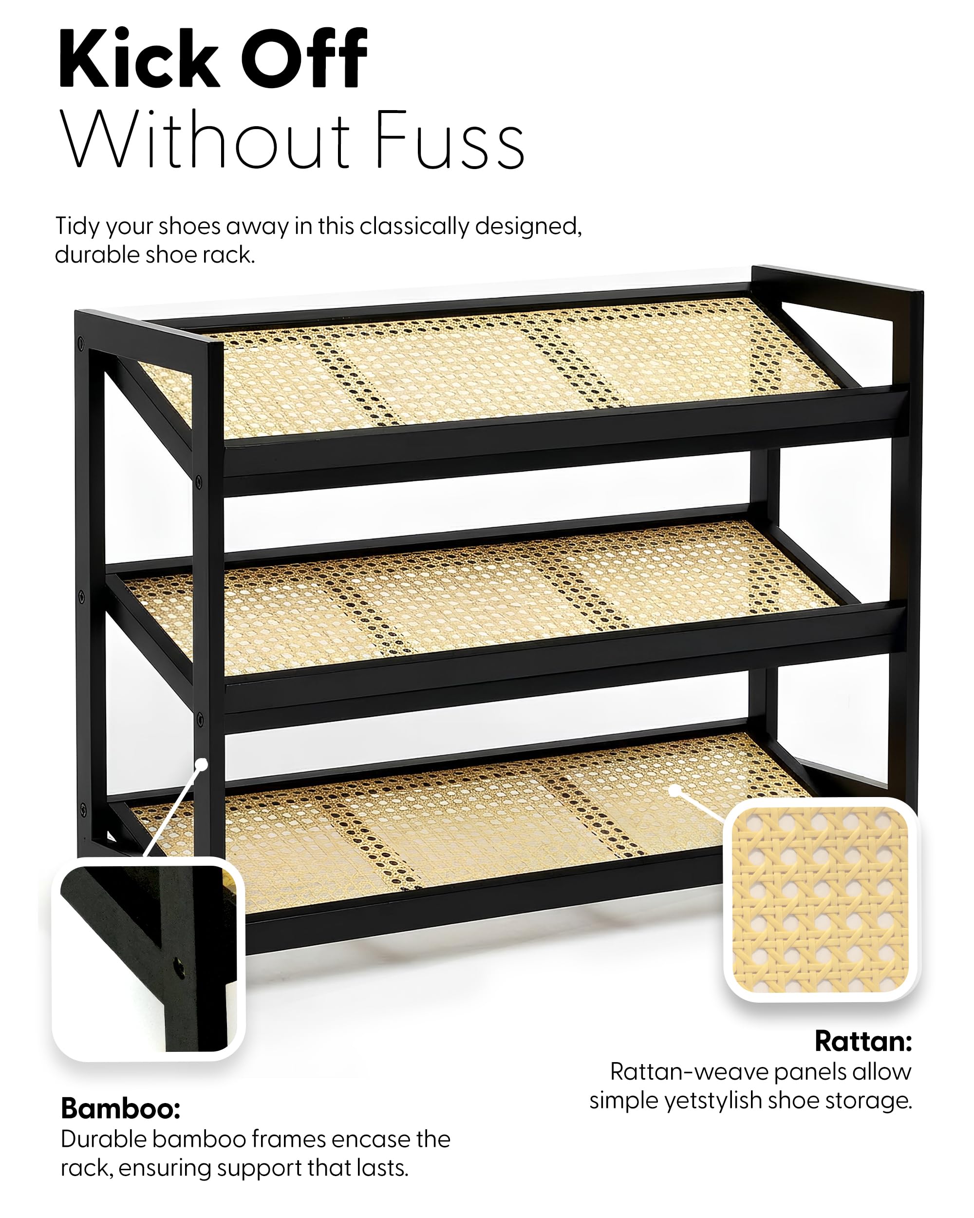 KEPLIN 3 Tier Shoe Rack - Bamboo & Rattan | Holds 9 Pairs | 70x29x54 cm | Natural/Black 7