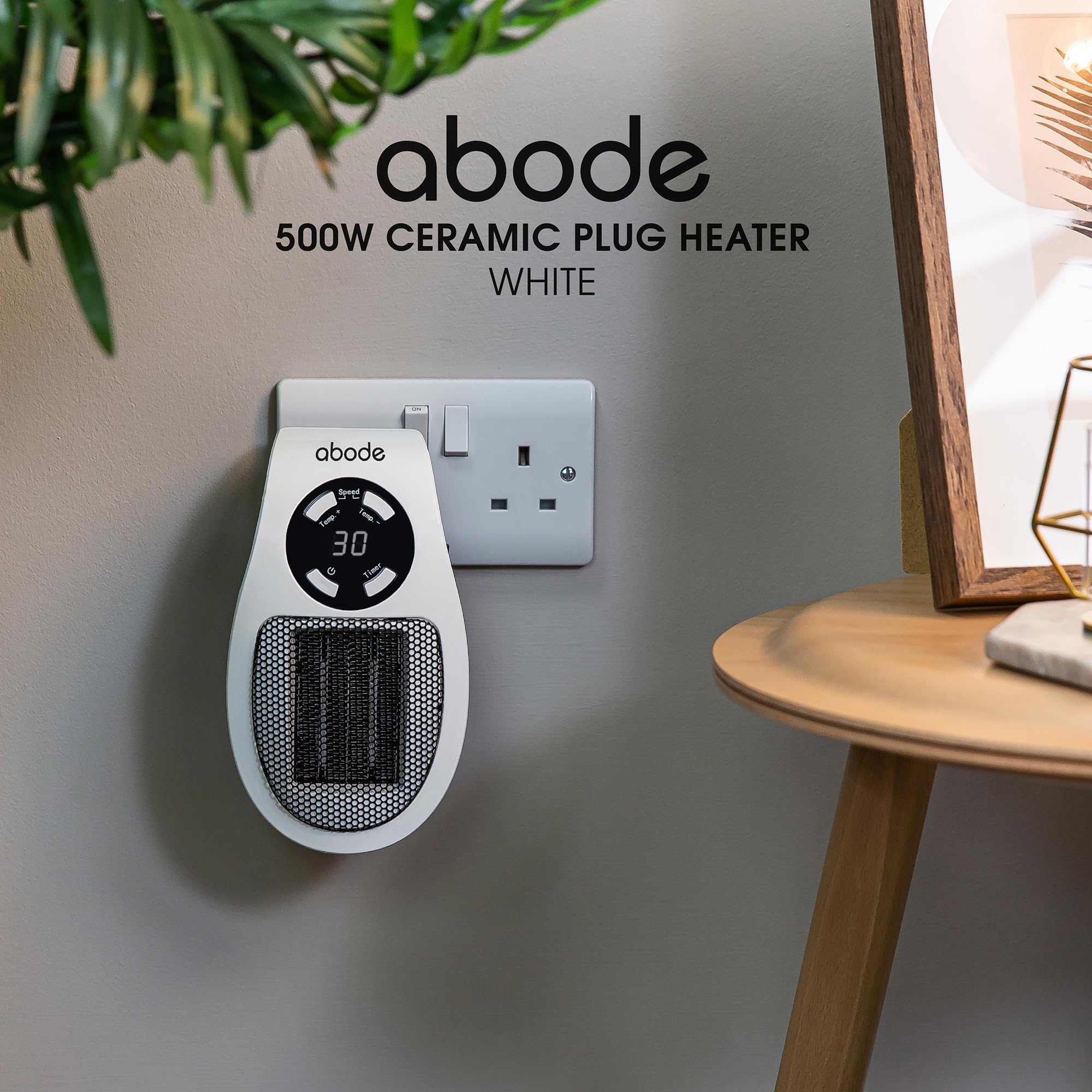 Abode 500W Compact Portable White Ceramic Plug-in Heater with 2 Heat Settings | 15°C-30°C | 12hr Timer 5