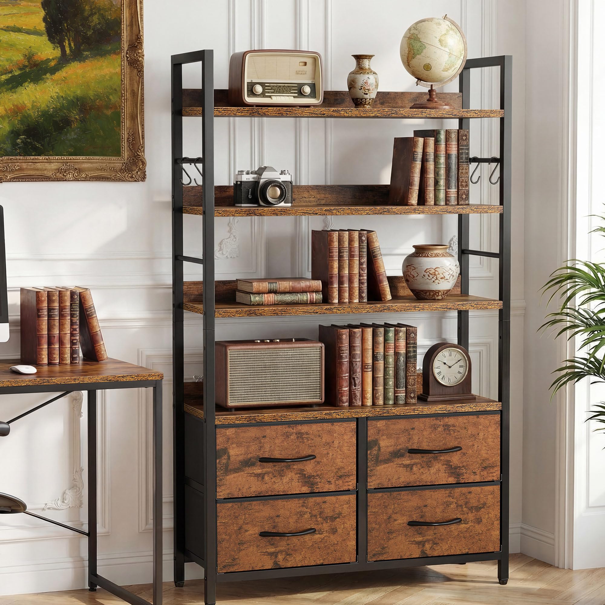 YITAHOME Industrial Bookshelf - 4-Tier with Adjustable Shelves & Drawers | Rustic Brown