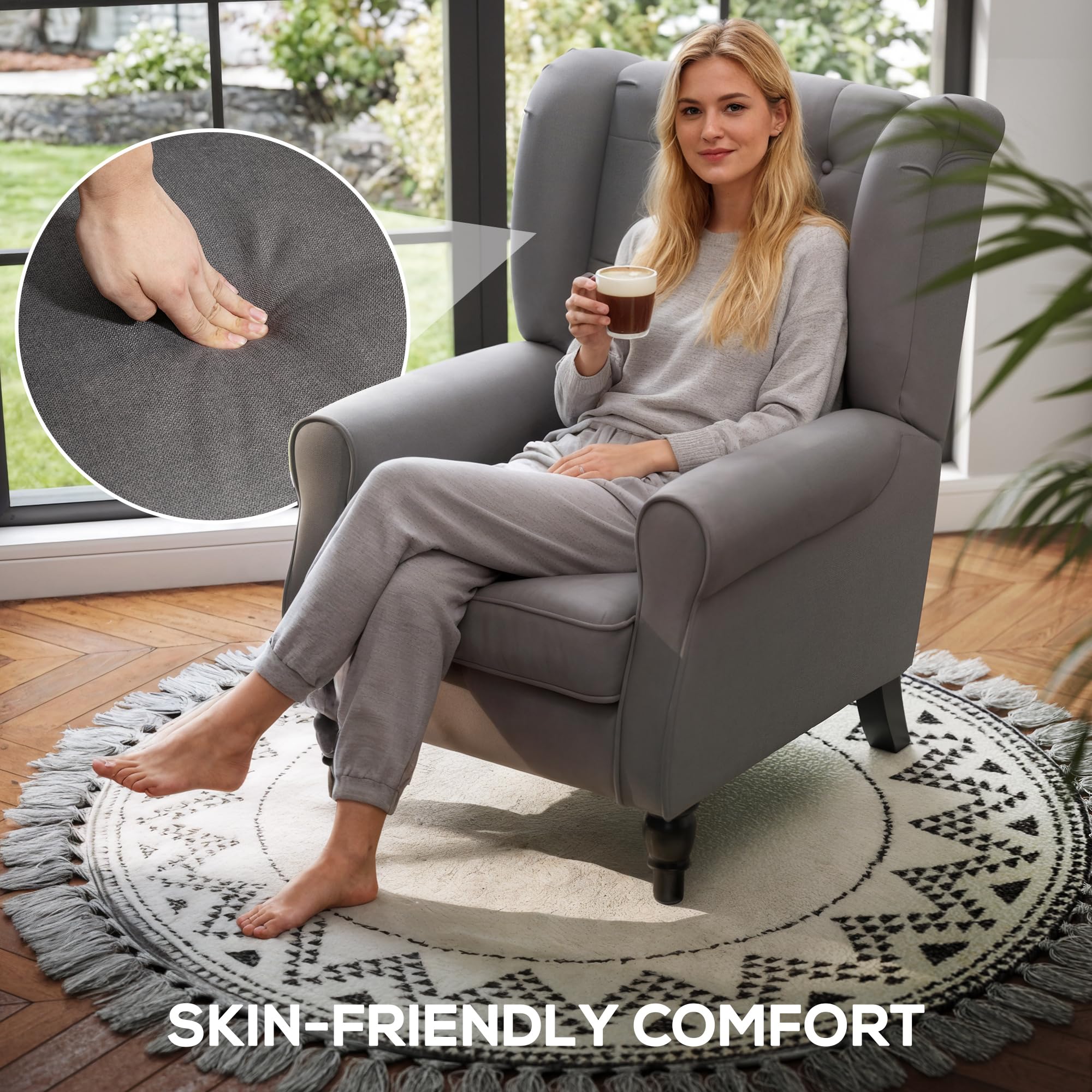 HOMCOM Retro Wingback Armchair - Snow Flannel, Button Tufted, Dark Grey | Supports 160kg 6