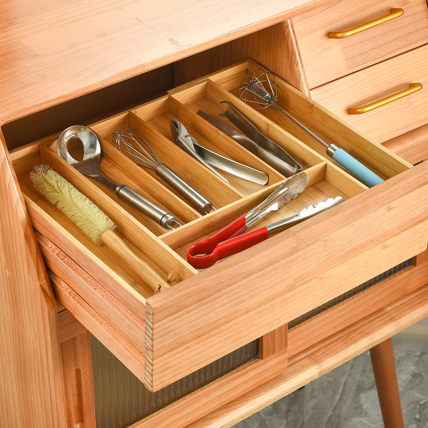 MASS DYNAMIC Expandable Bamboo Cutlery Drawer Organizer | Adjustable 5-7 Compartments | Waterproof 8