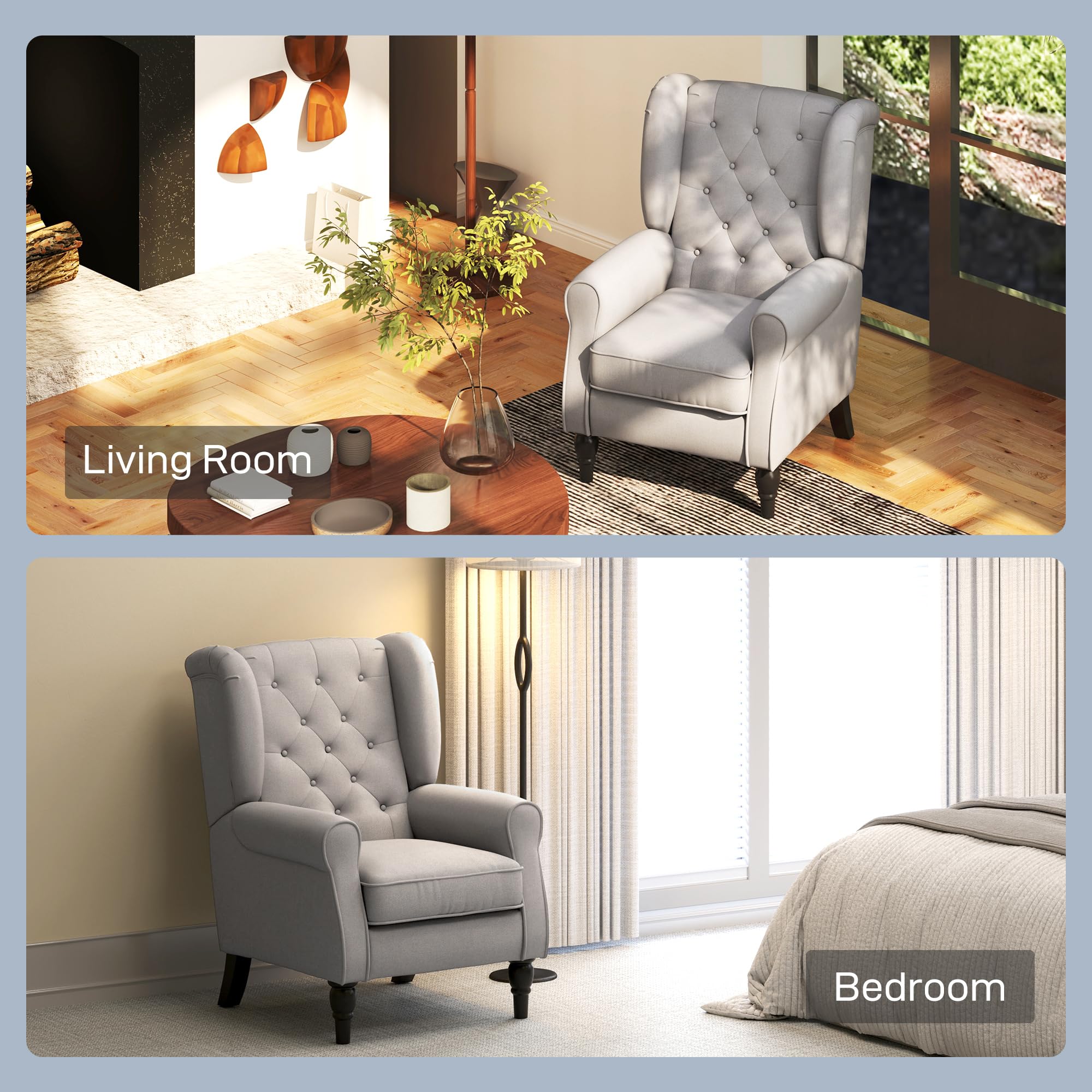 HOMCOM Retro Wingback Armchair - Grey Linen Upholstery | Button Tufted | Supports 160kg 8