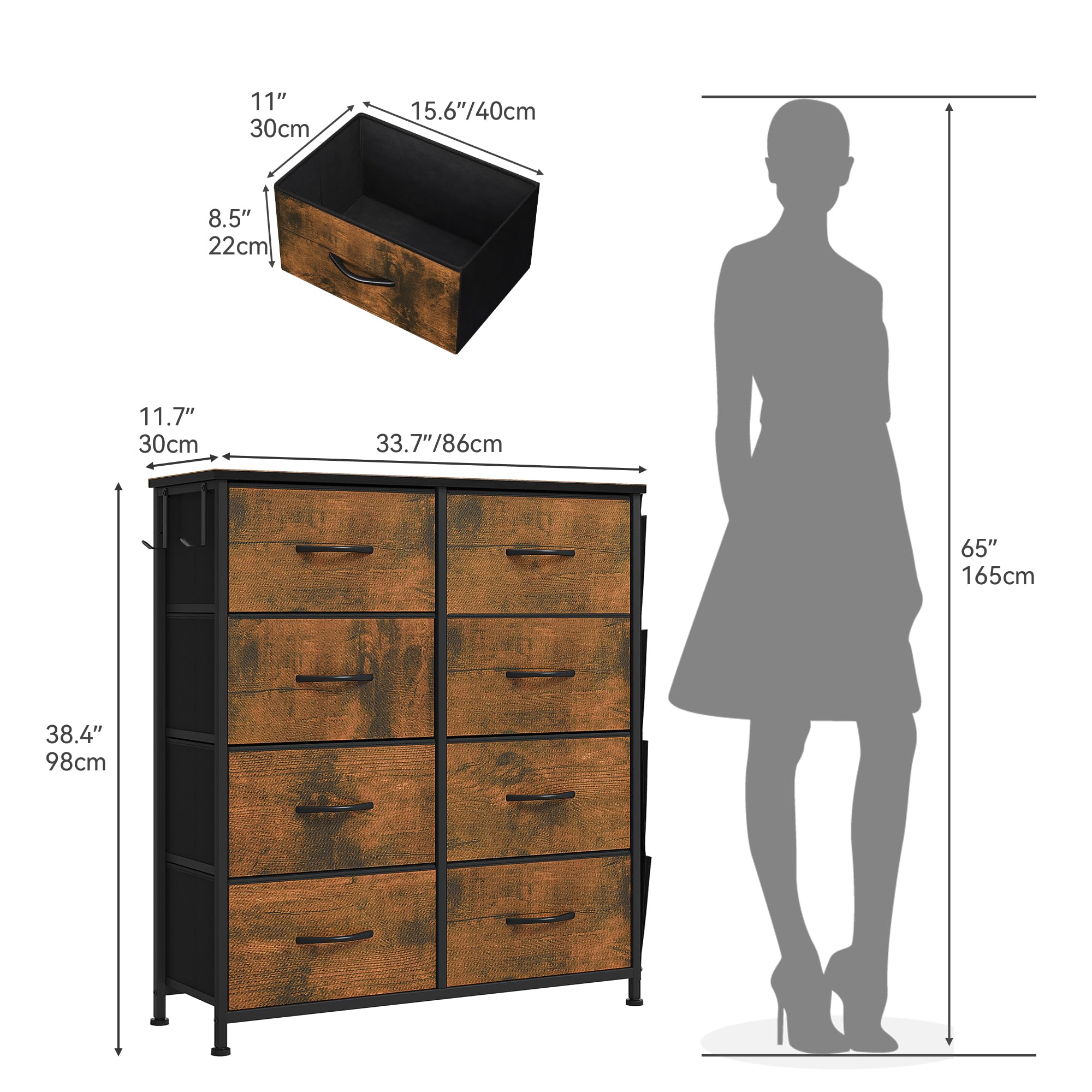 YITAHOME 8-Drawer Fabric Chest of Drawers with Metal Frame | Rotten Wood Grain | 86 x 30 x 98 cm 3