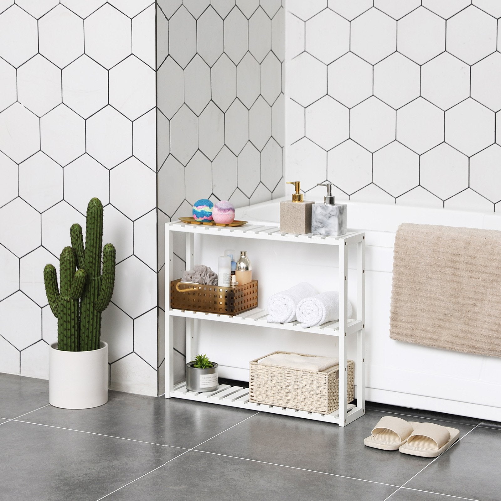 SONGMICS BCB13W Bamboo Shelf - 3 Tier, Height Adjustable | 60 x 15 x 54 cm | Bianco 2
