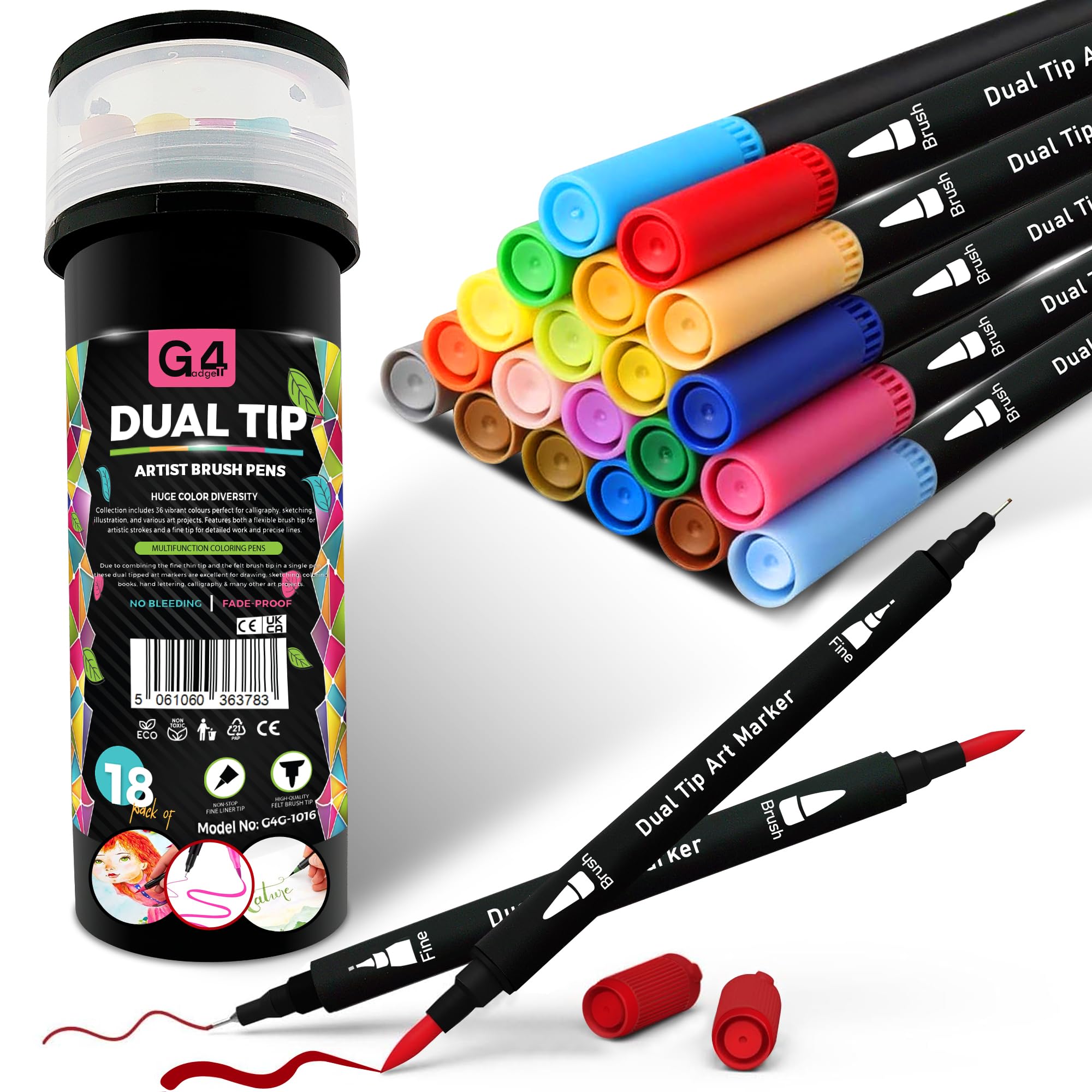G4GADGET Dual Tip Brush Pens - 18 Pack | Fine & Brush Tip Markers for Drawing & Lettering