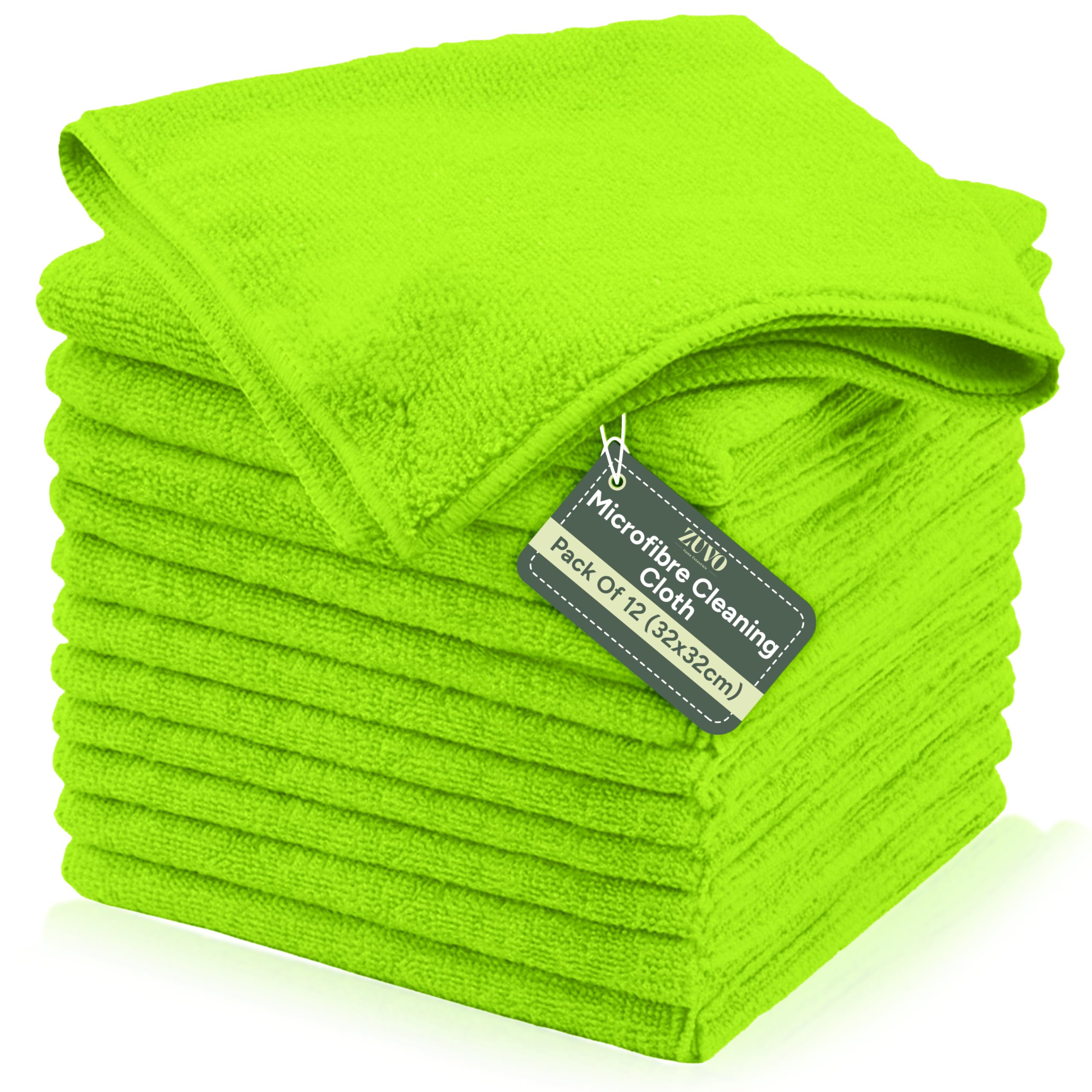 Zuvo Microfiber Cloths - Pack of 12, 32x32 cm, Ultra-Soft, Highly Absorbent, Green 1