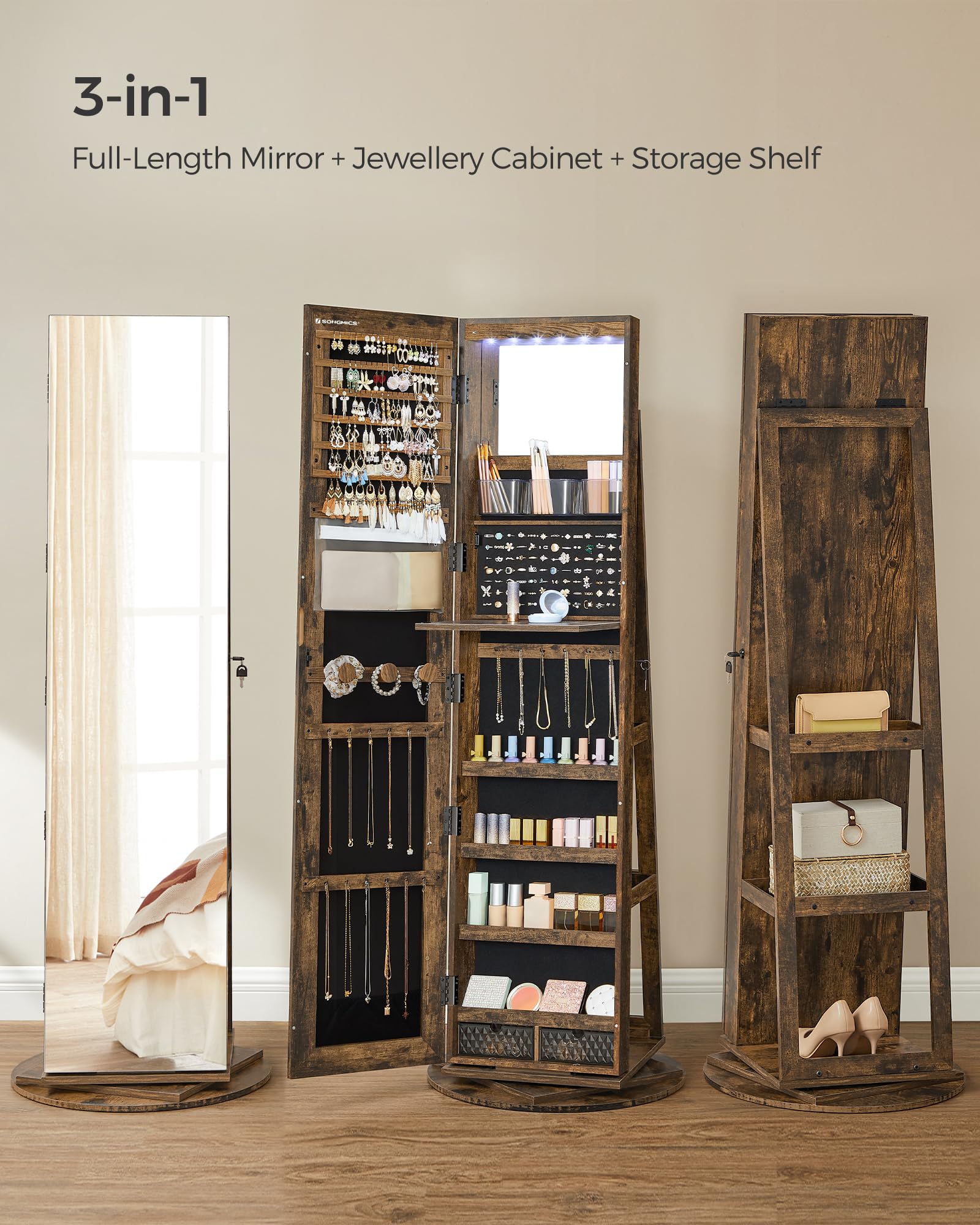 SONGMICS Lockable Full-Length Mirror Jewellery Cabinet - 6 LEDs, 360° Swivel, Rustic Brown | 54.5 x 162 cm 3