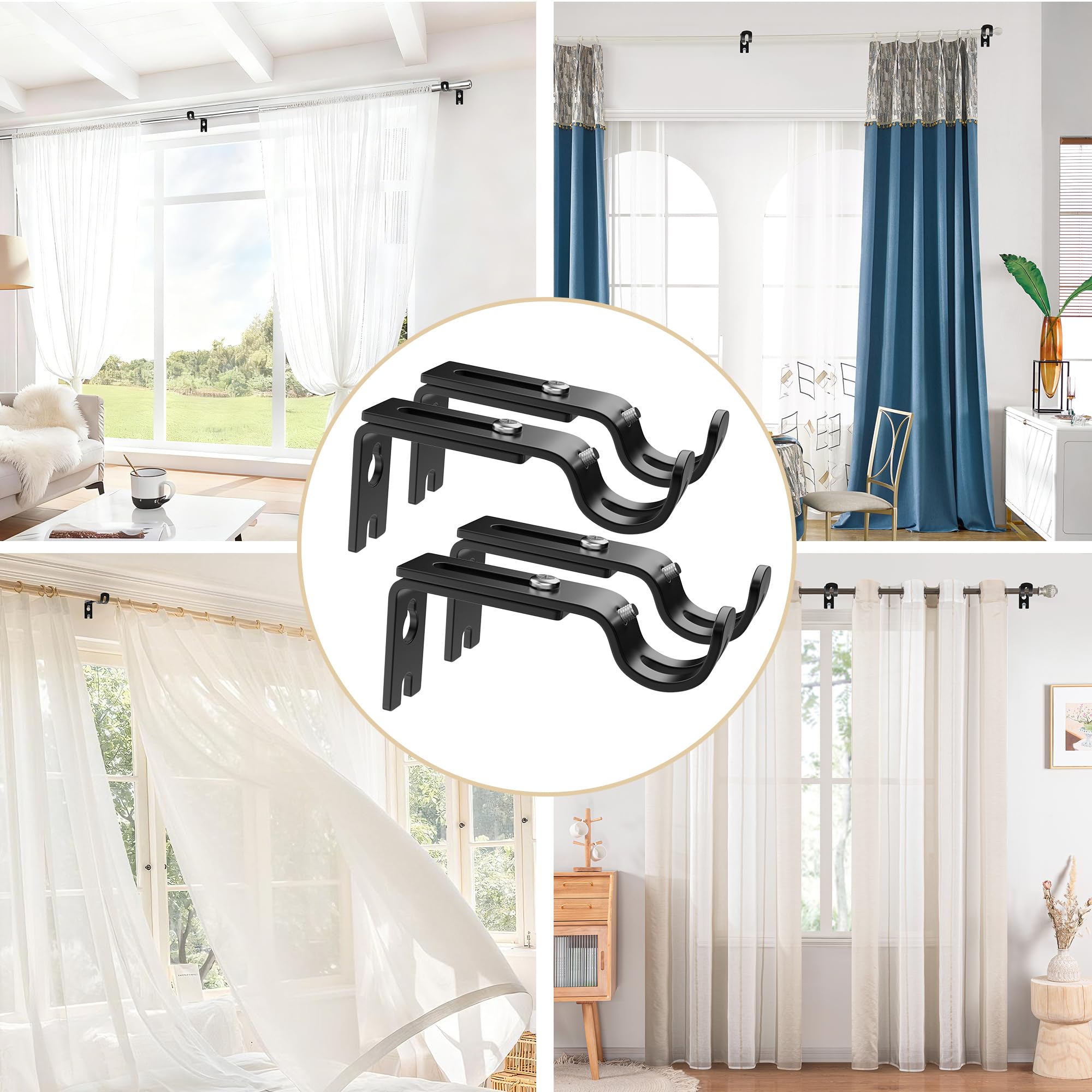 Vonsera 4Pcs Adjustable Heavy Duty Curtain Rod Brackets - Black Stainless Steel | Fits up to 25mm Rods 8