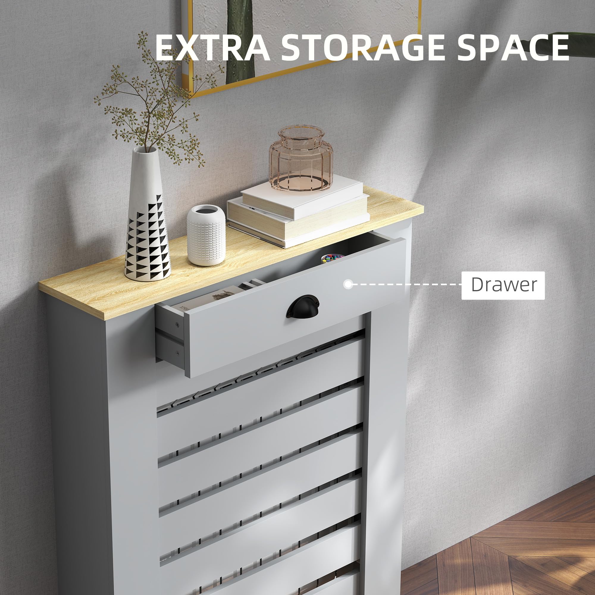 HOMCOM Radiator Cover with Drawer - Horizontal Slatted Grill, Grey Painted M | 78W x 95.5H cm 6