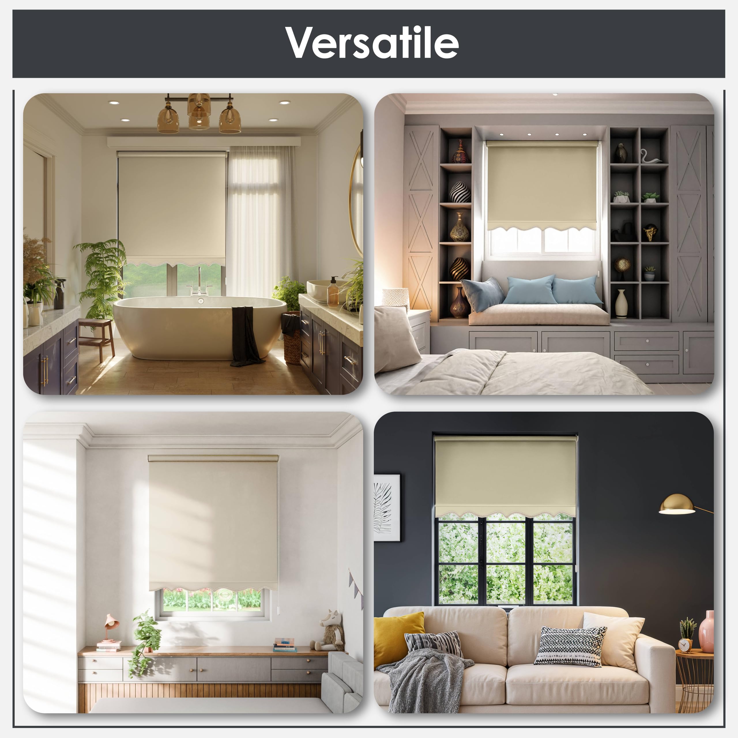 Emma Barclay Scalloped Roller Blind - Child Safe Blackout Blind | Cream | 60W x 165H cm