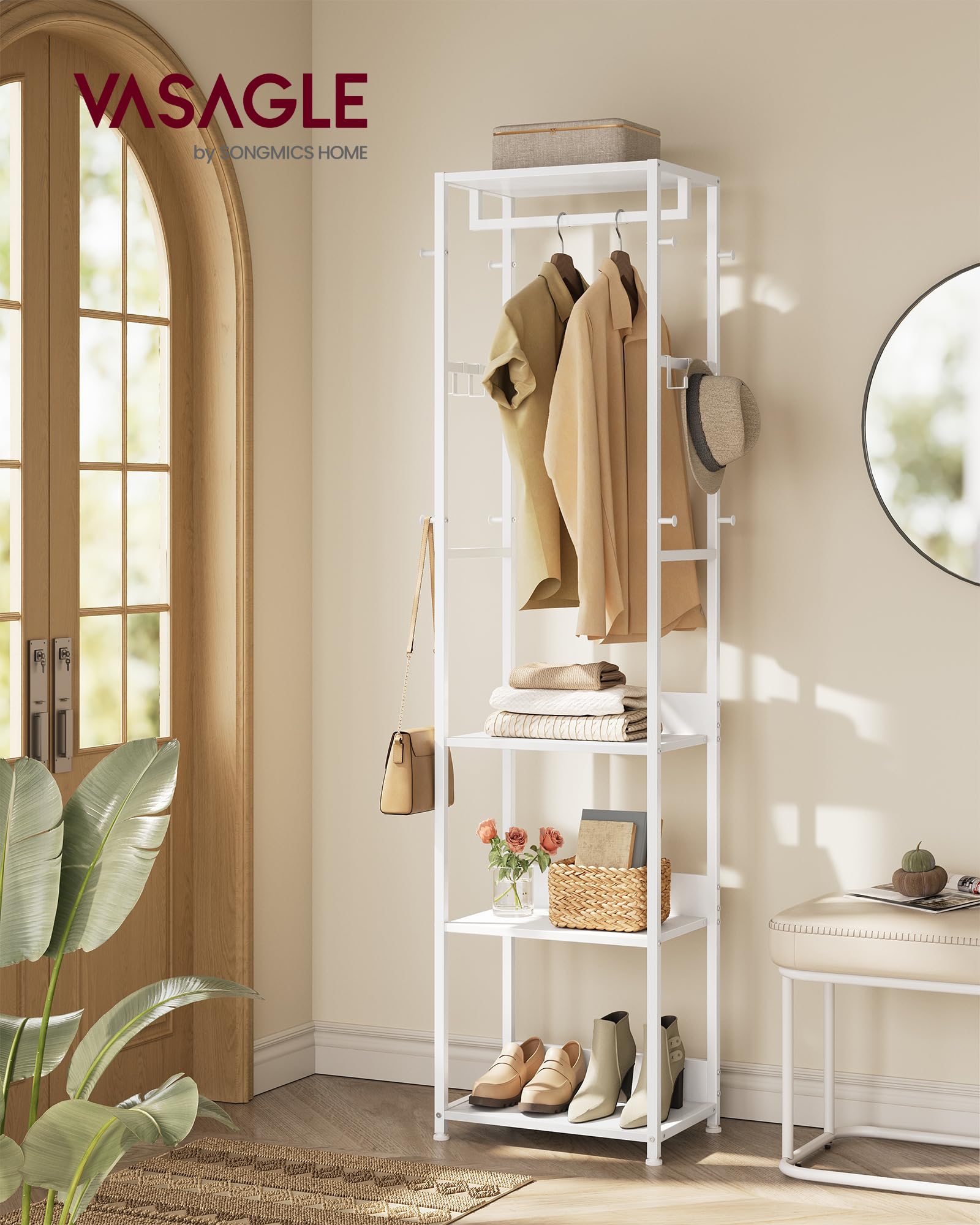 VASAGLE Clothes Rack Stand - 4 Shelves, Hanging Rail, Hooks | Cloud White | 30.5 x 47 x 180 cm