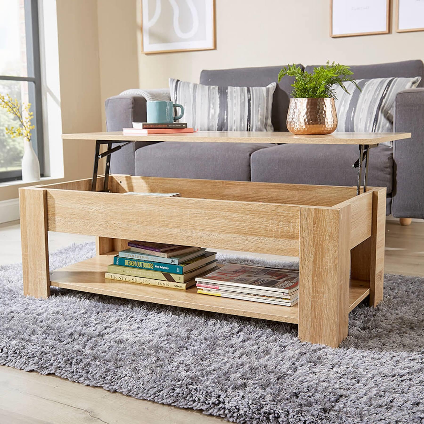 Home Source Modern Coffee Table with Lift Top Storage and Magazine Shelf | Oak Effect | 100cm 7