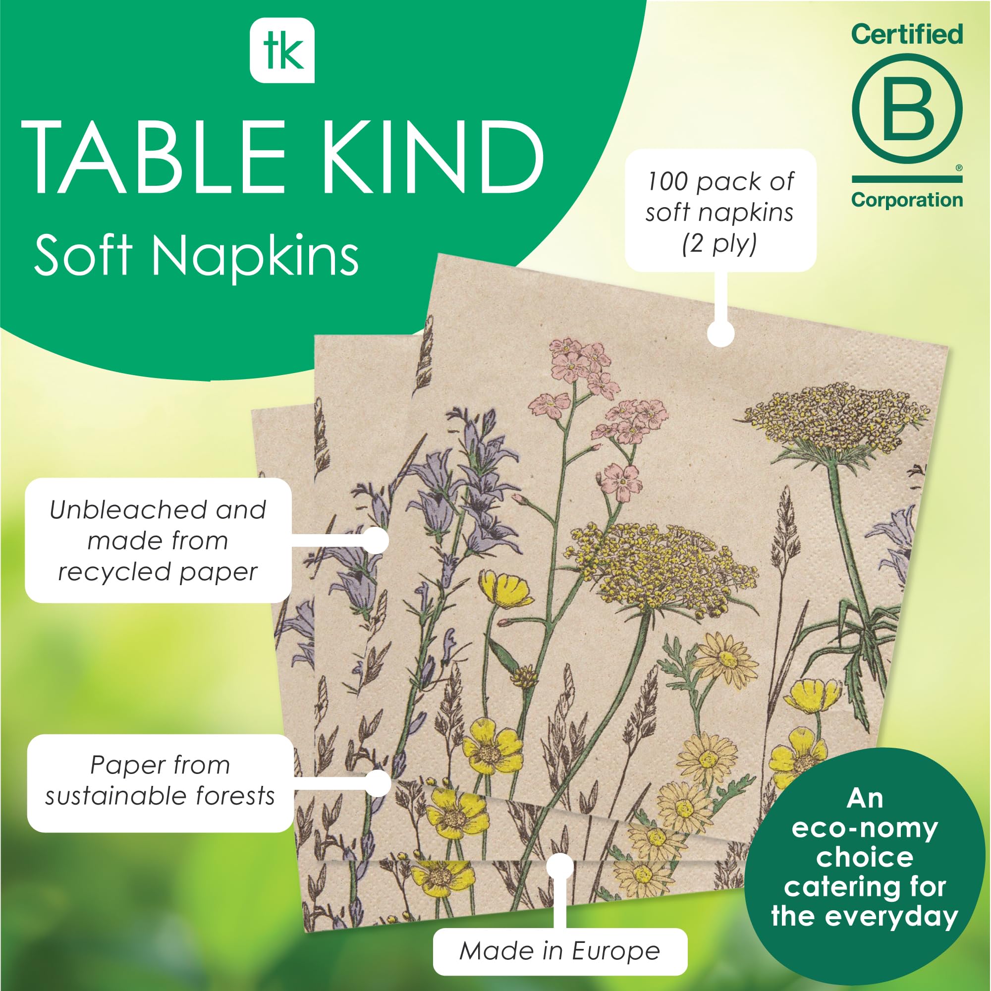 Talking Tables Table Kind Recycled Paper Napkins - 100 Pack, 2ply, 33cm Wildflower Floral 5