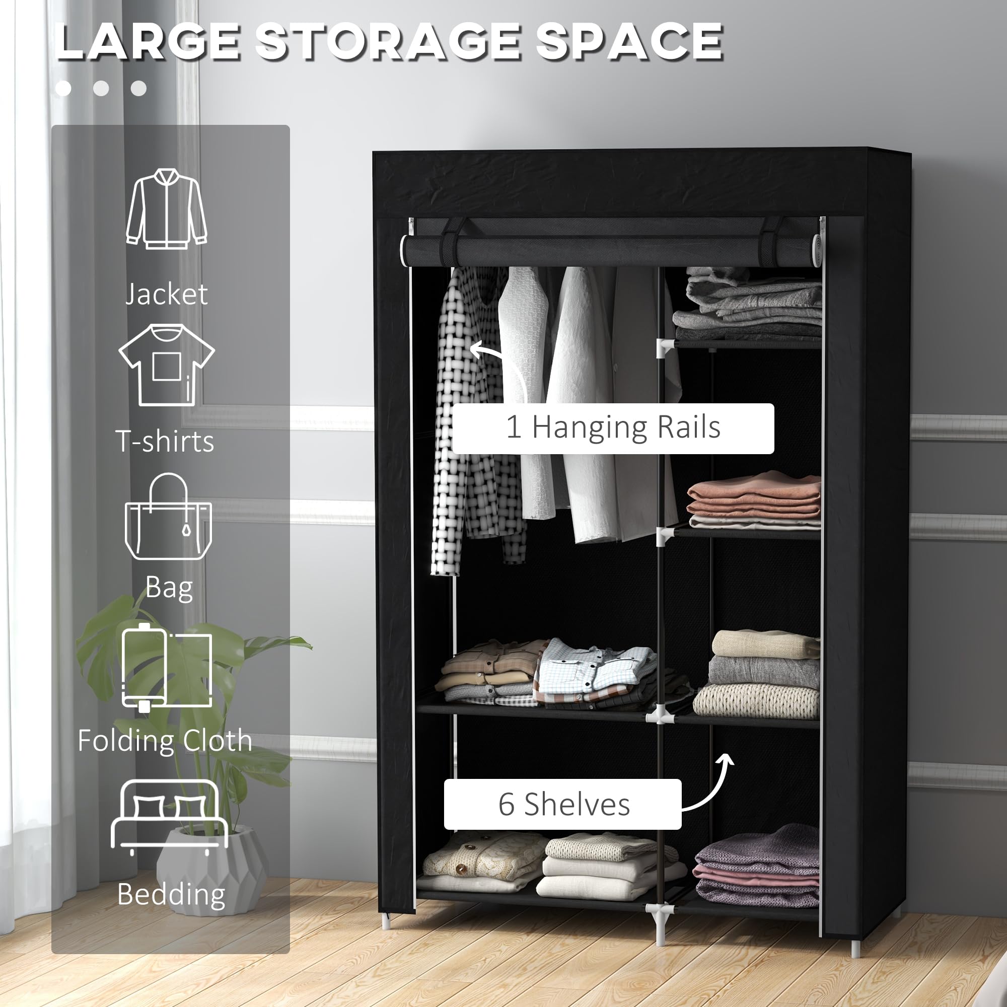 HOMCOM Portable Fabric Wardrobe - 6 Shelves, 1 Hanging Rail, Black | 103W x 43D x 162.5H cm 3
