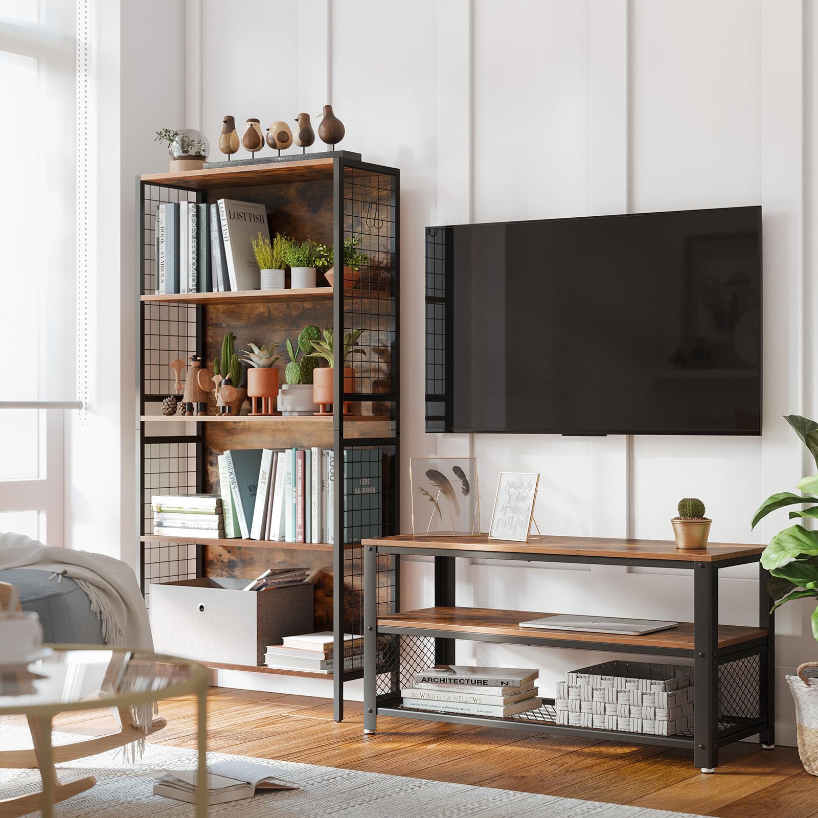 VASAGLE 5-Tier Bookcase with 4 Hooks - Rustic Brown & Ink Black | 74cm Wide | 20kg Load Capacity 2