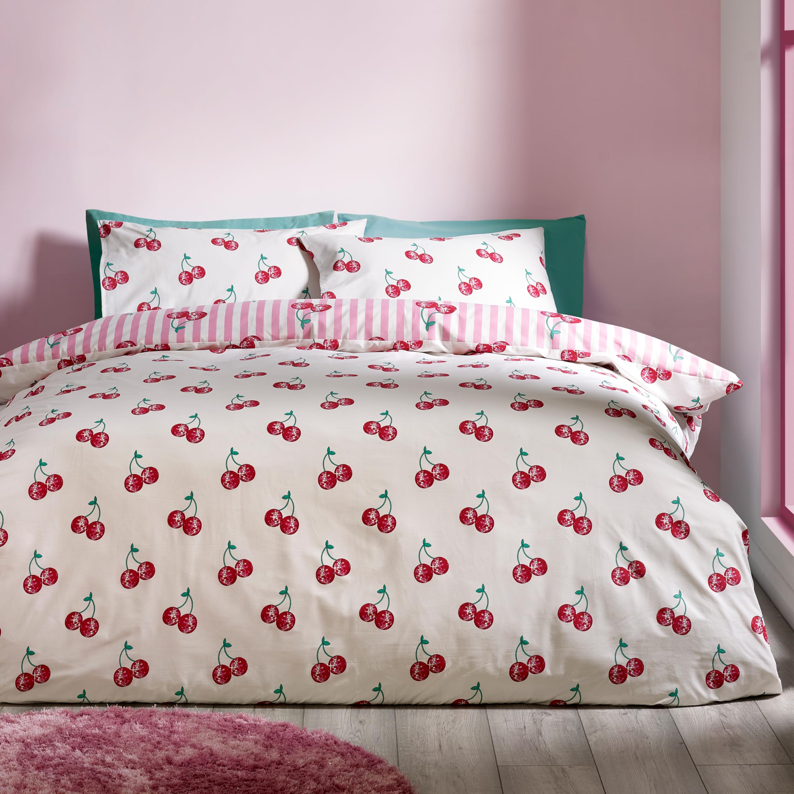 Catherine Lansfield Disco Cherries Stripes Reversible Double Duvet Cover Set | Pink | Polycotton 2