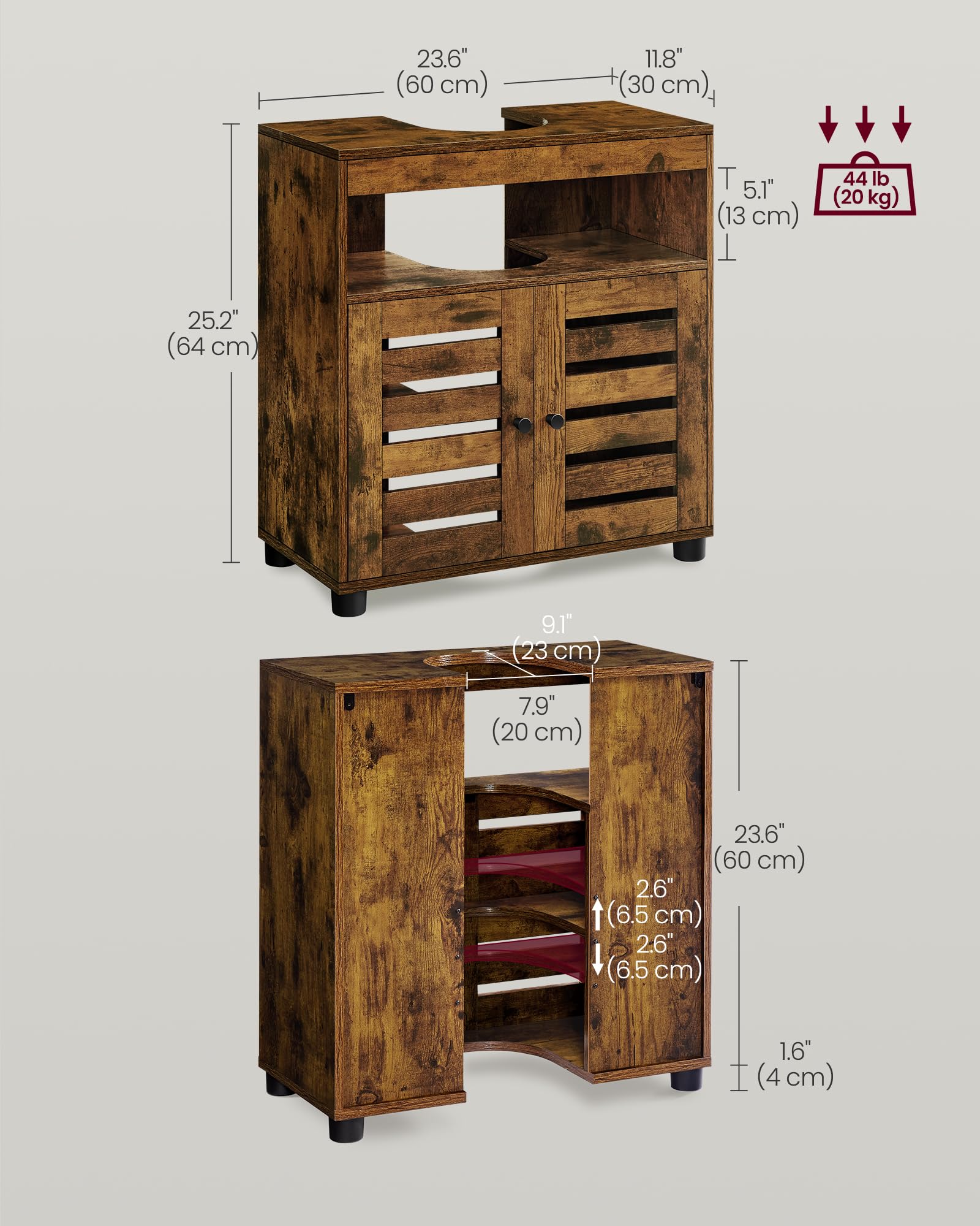 VASAGLE Under Sink Bathroom Cabinet - Rustic Brown | 30x60x64 cm | Adjustable Shelf 3