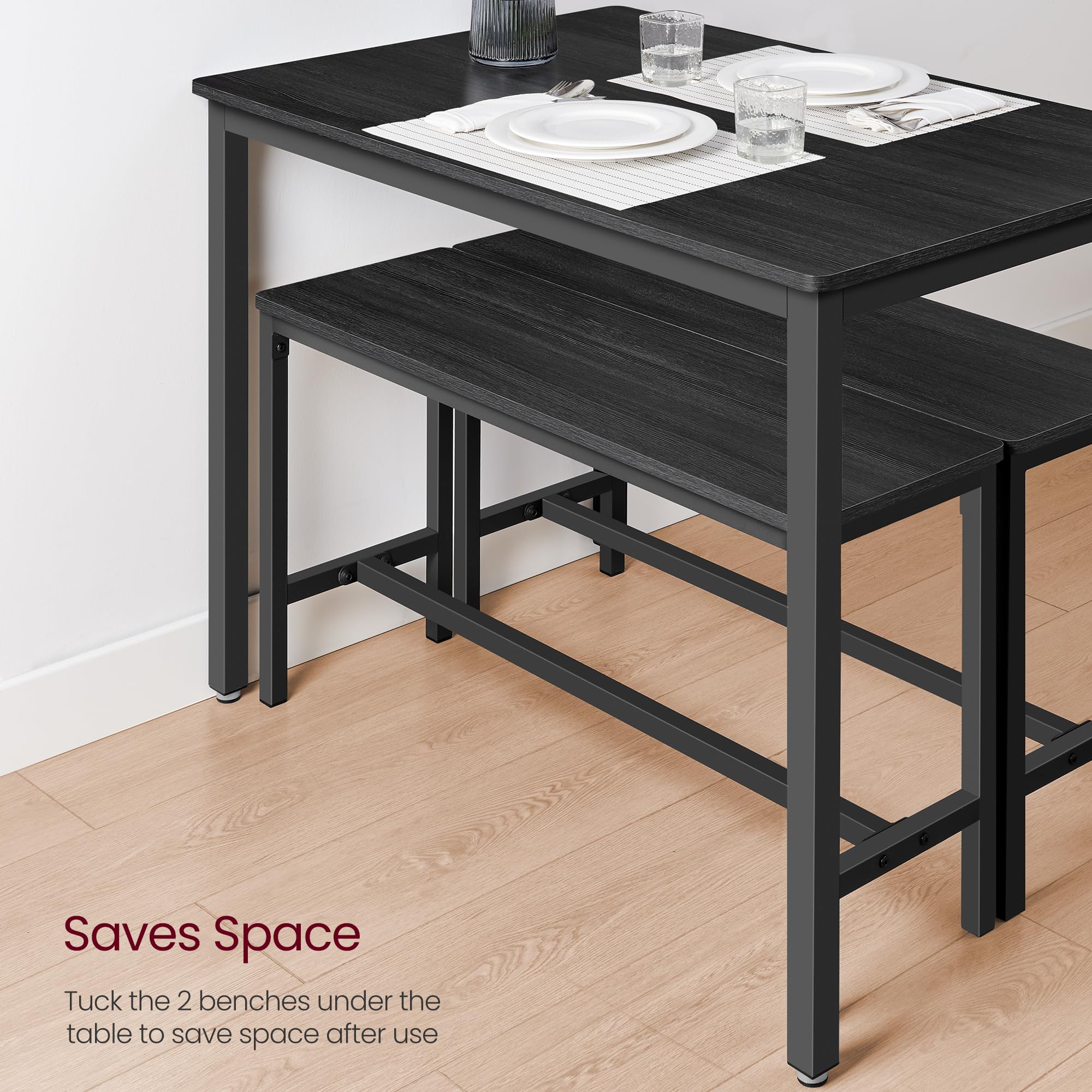 VASAGLE 3 Piece Dining Table Set with 2 Benches | Industrial Design | Seats 4 | Charcoal Grey & Ink Black 6