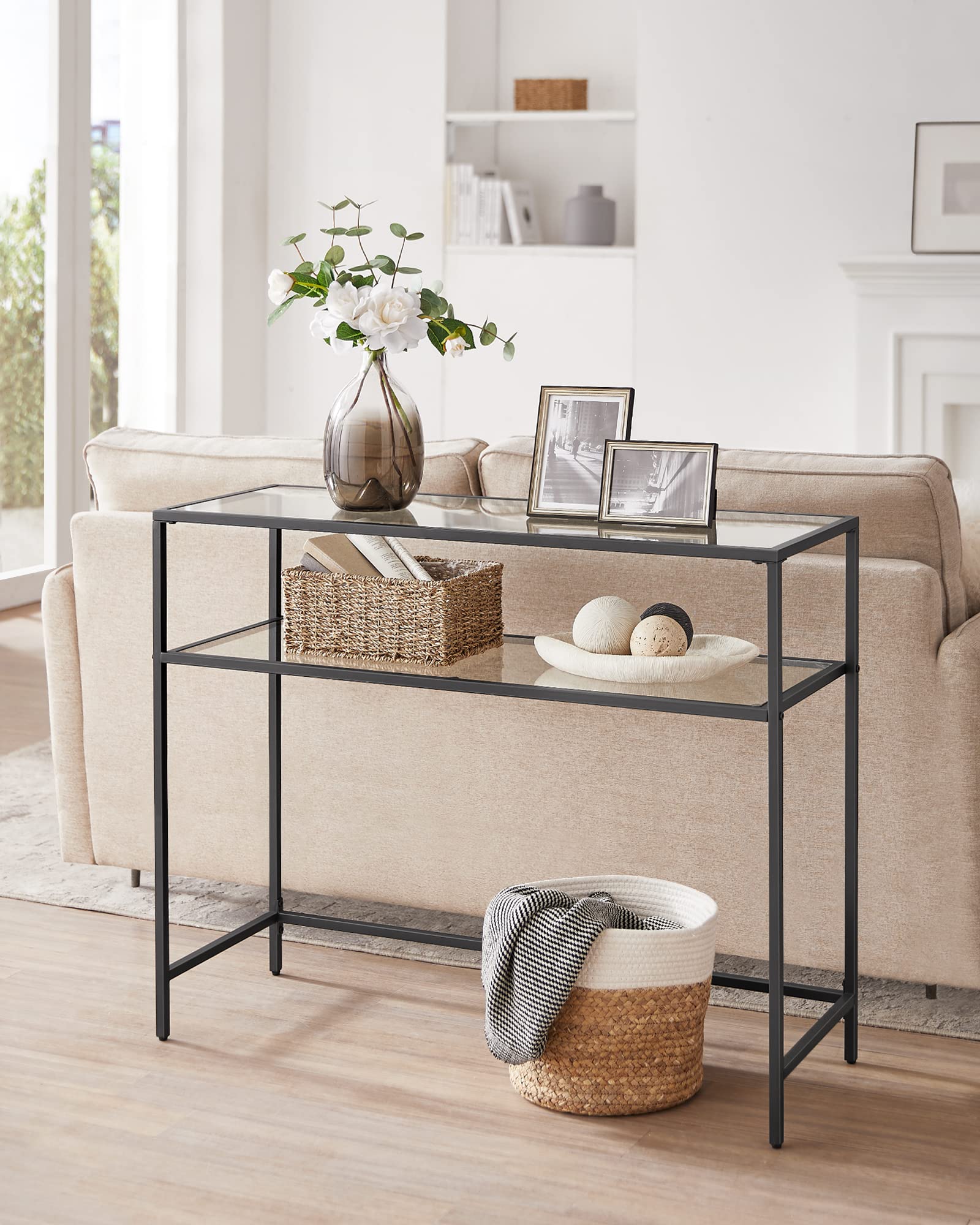 VASAGLE Console Table - Tempered Glass Top | Black Steel Frame | 100 x 35 x 80 cm 4