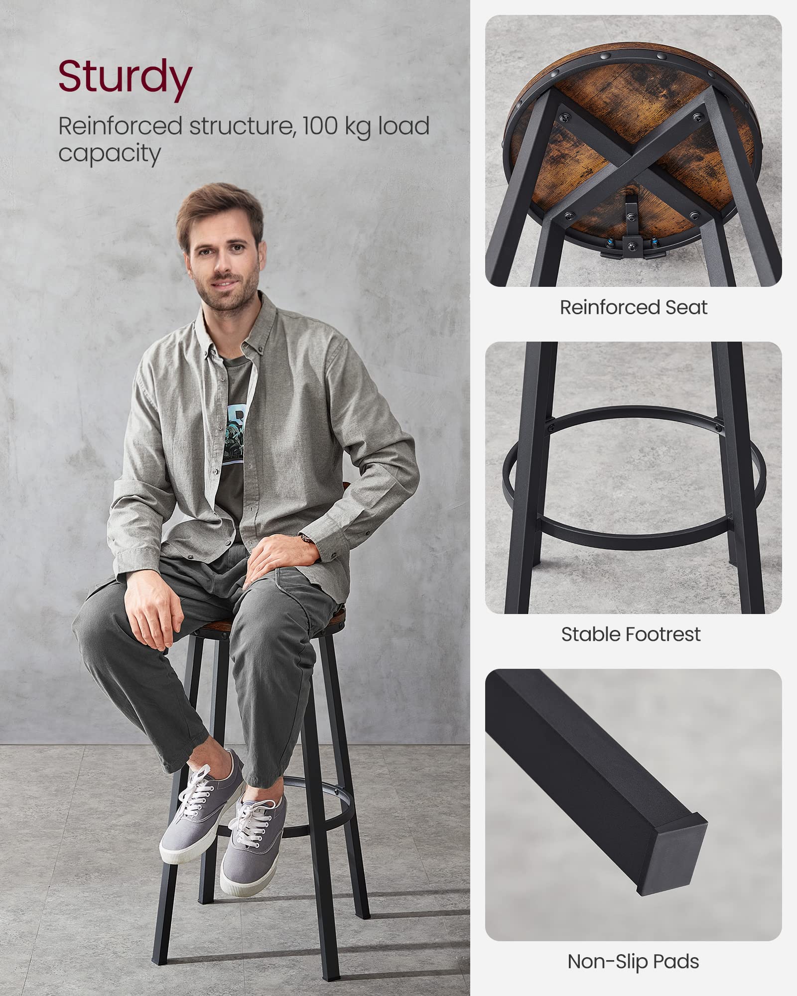 VASAGLE Bar Stools Set of 2 - Industrial Style with Backrest | Rustic Brown & Black | 100kg Capacity 4