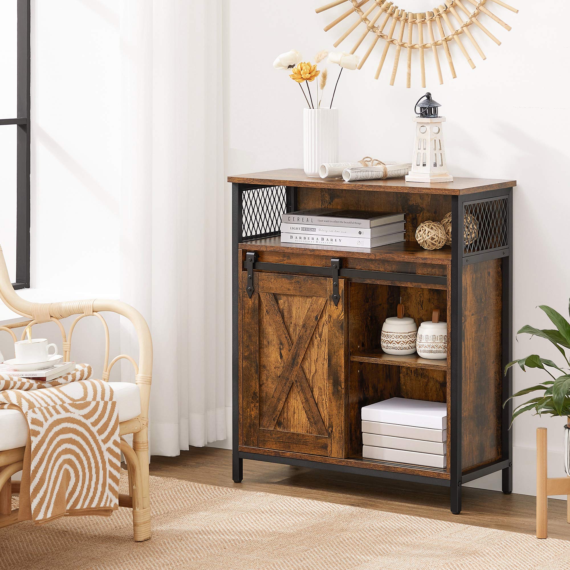 VASAGLE Industrial Style Sideboard Storage Cabinet with Sliding Barn Door | Rustic Brown & Black | 70x30x80 cm 9