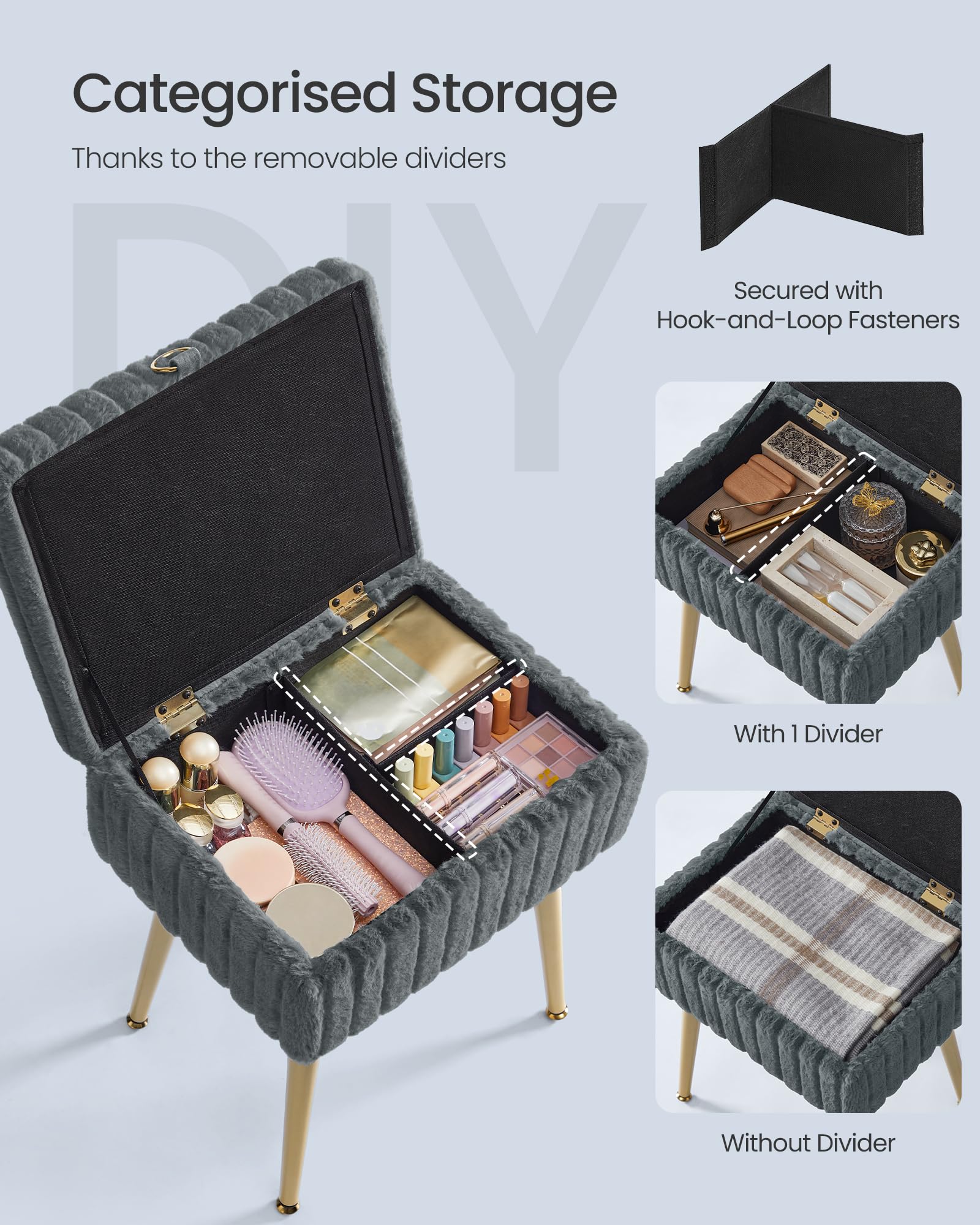 SONGMICS Storage Ottoman Bench - Slate Grey Vanity Stool with Hidden Compartment | 30x40x50 cm 5