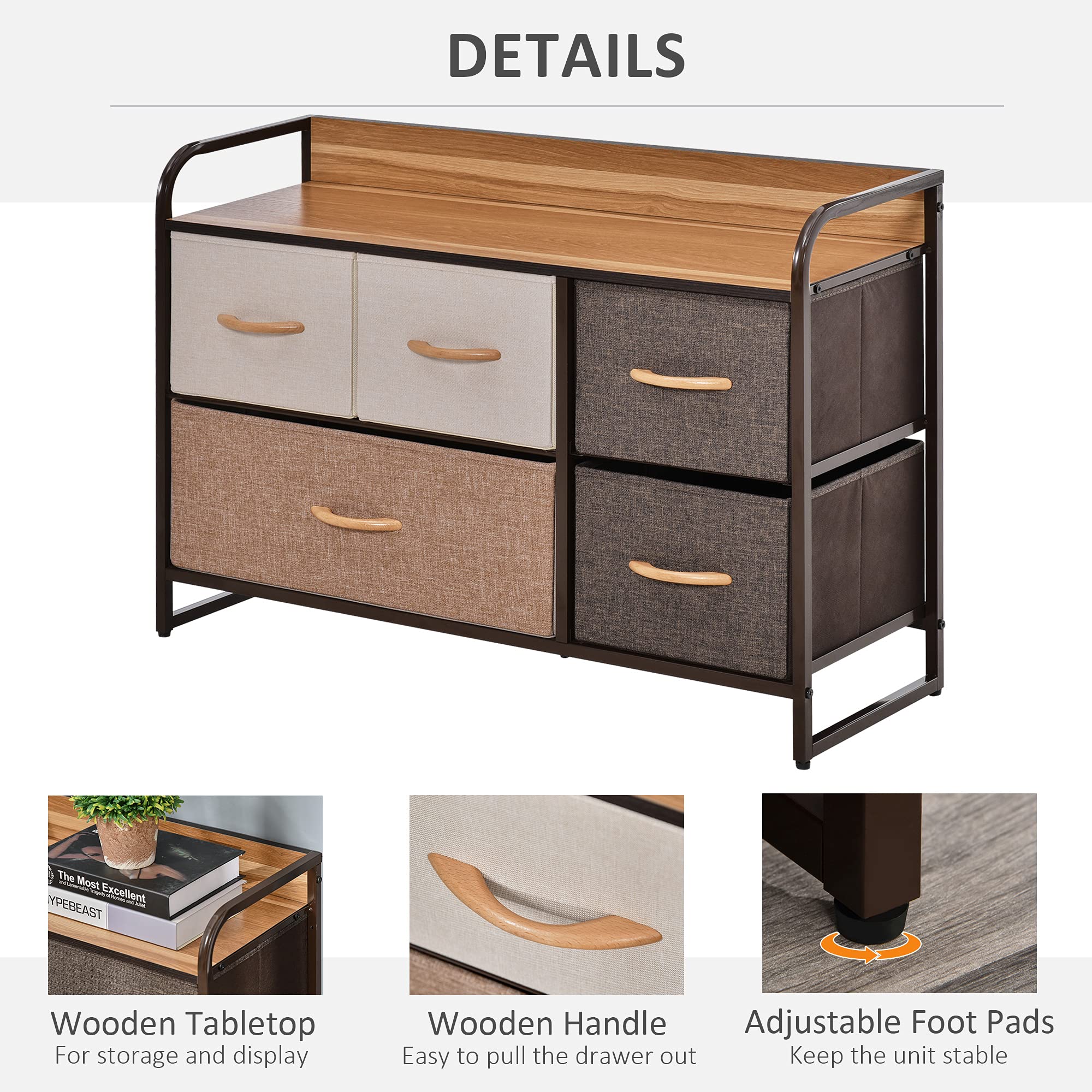 HOMCOM 5-Drawer Fabric Chest of Drawers - Metal Frame | 58H x 87.5W cm | Max Load 38kg 6