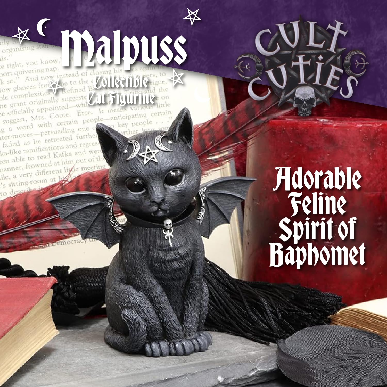Nemesis Now Malpuss Winged Occult Cat Figurine - Polyresin, Black and Silver, 10cm 3
