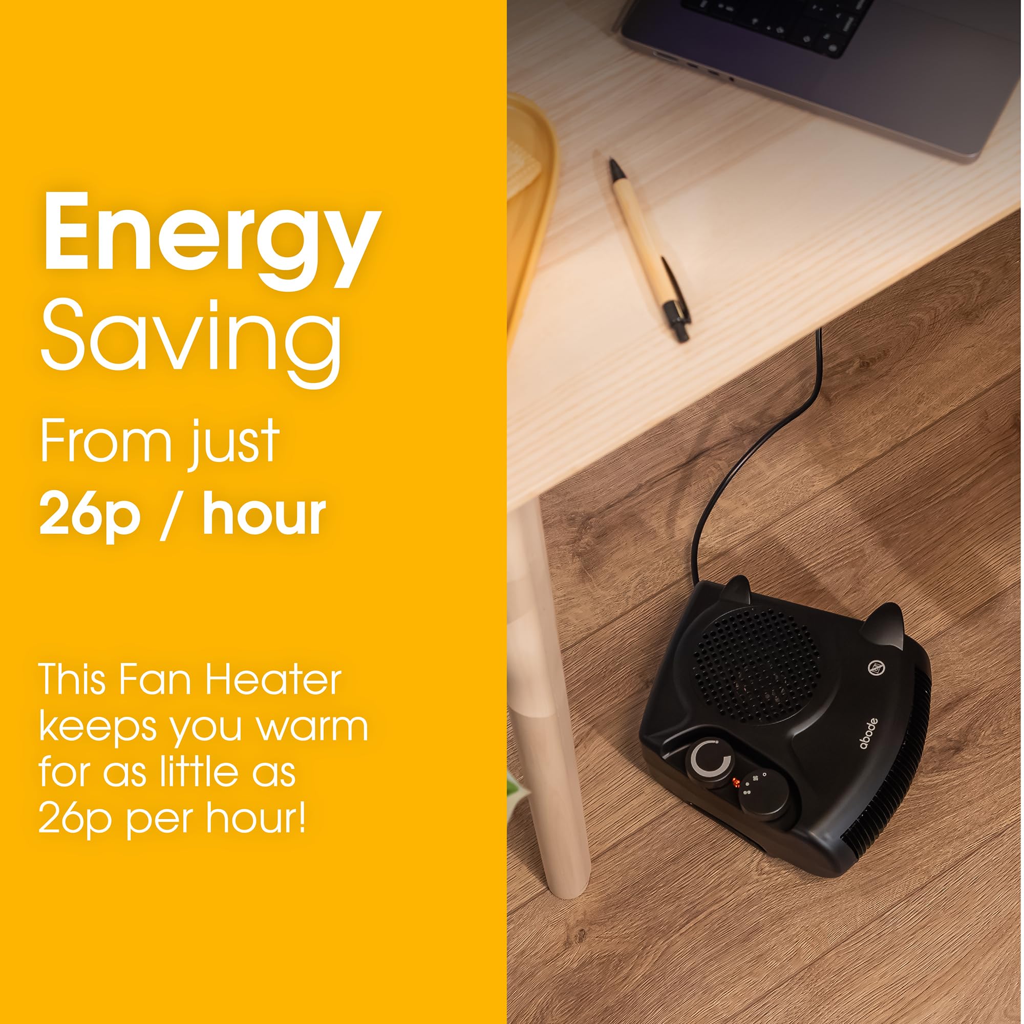 Abode AFH1001B Electric Fan Heater - 2kW Power | Adjustable Thermostat | Horizontal/Vertical Use 3