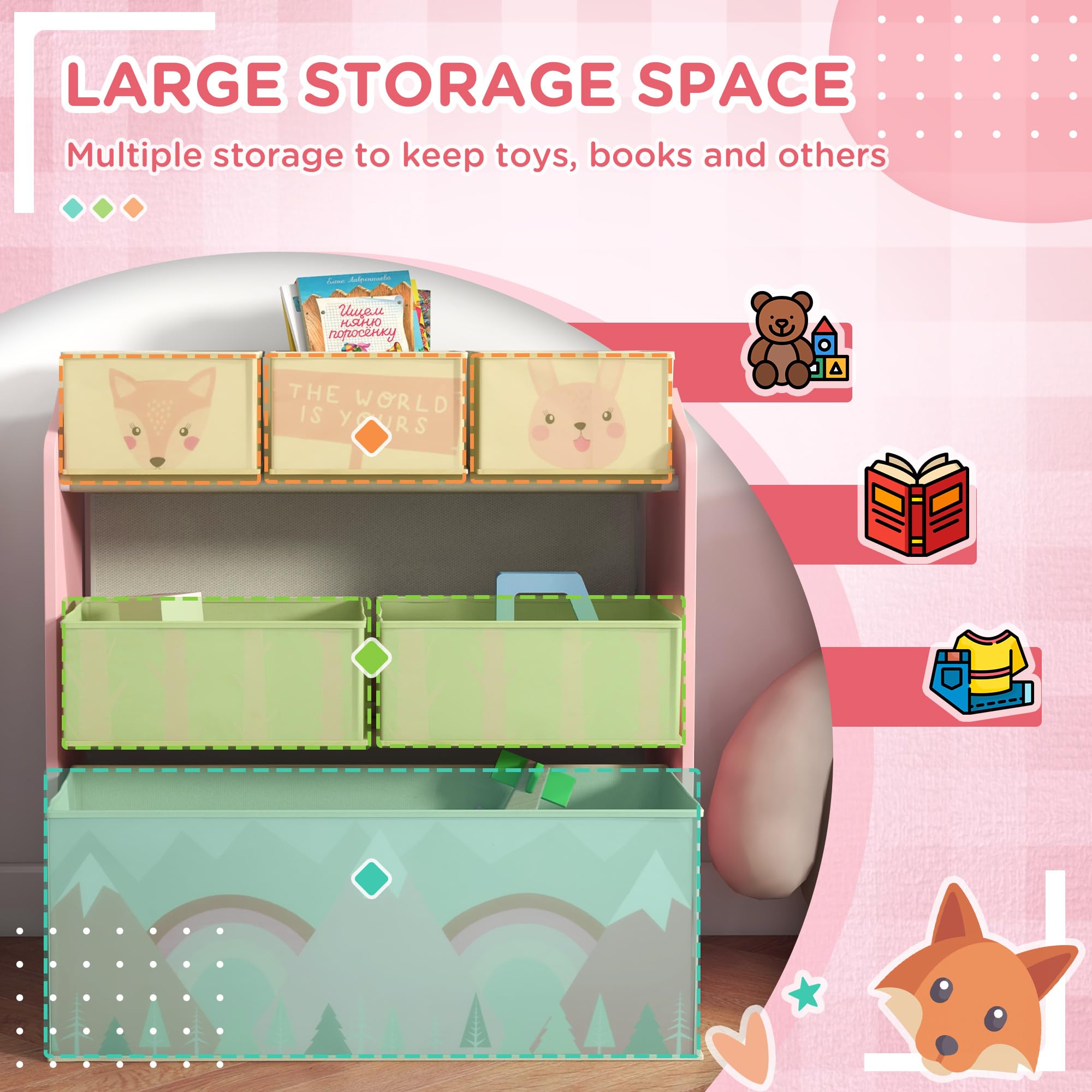 ZONEKIZ Kids Toy Storage Unit Organizer with 6 Detachable Fabric Bins | Pink | 63 x 30 x 66 cm 4