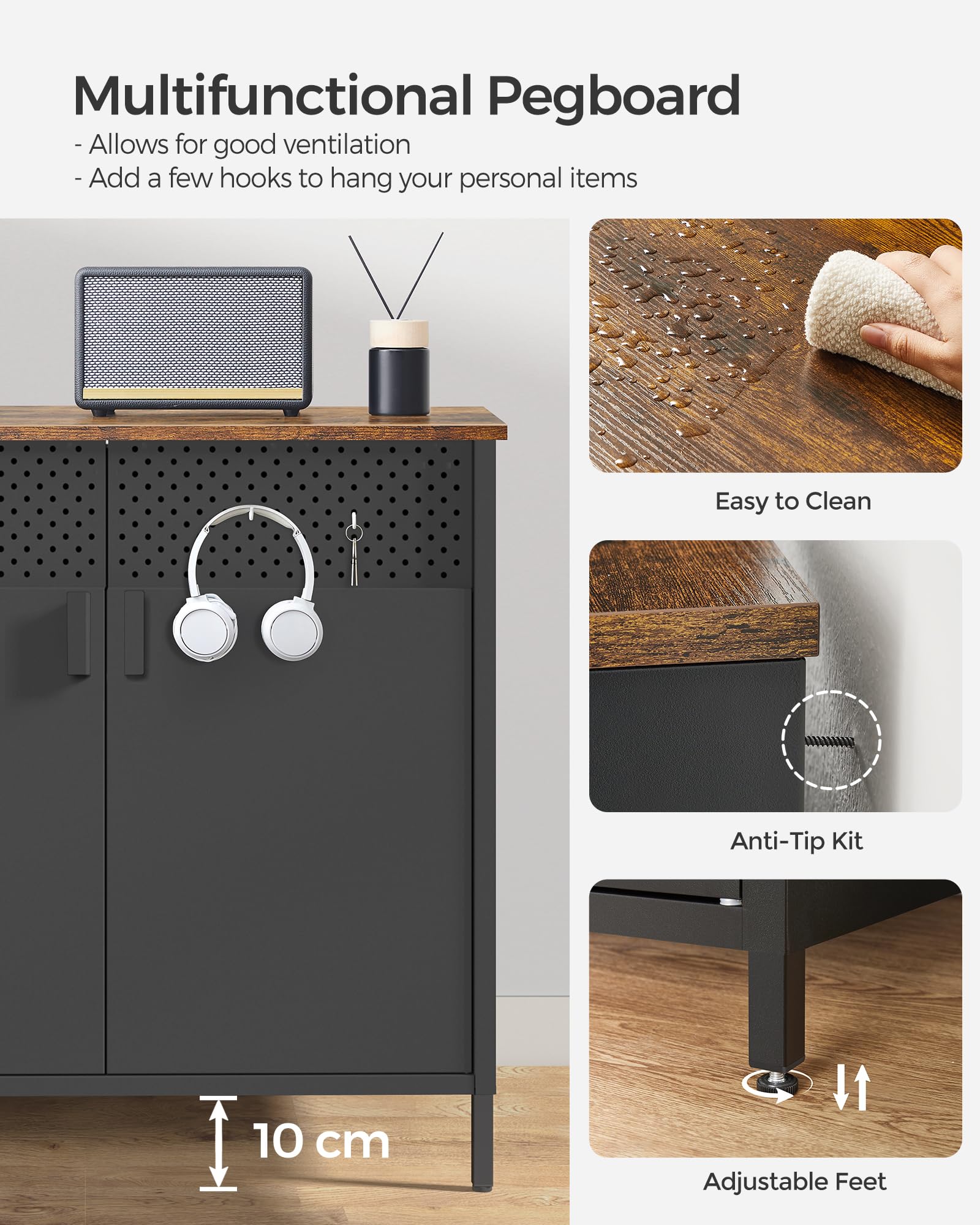 SONGMICS Storage Cabinet - Rustic Brown/Black Metal Cabinet with Adjustable Shelf | 80W cm 7