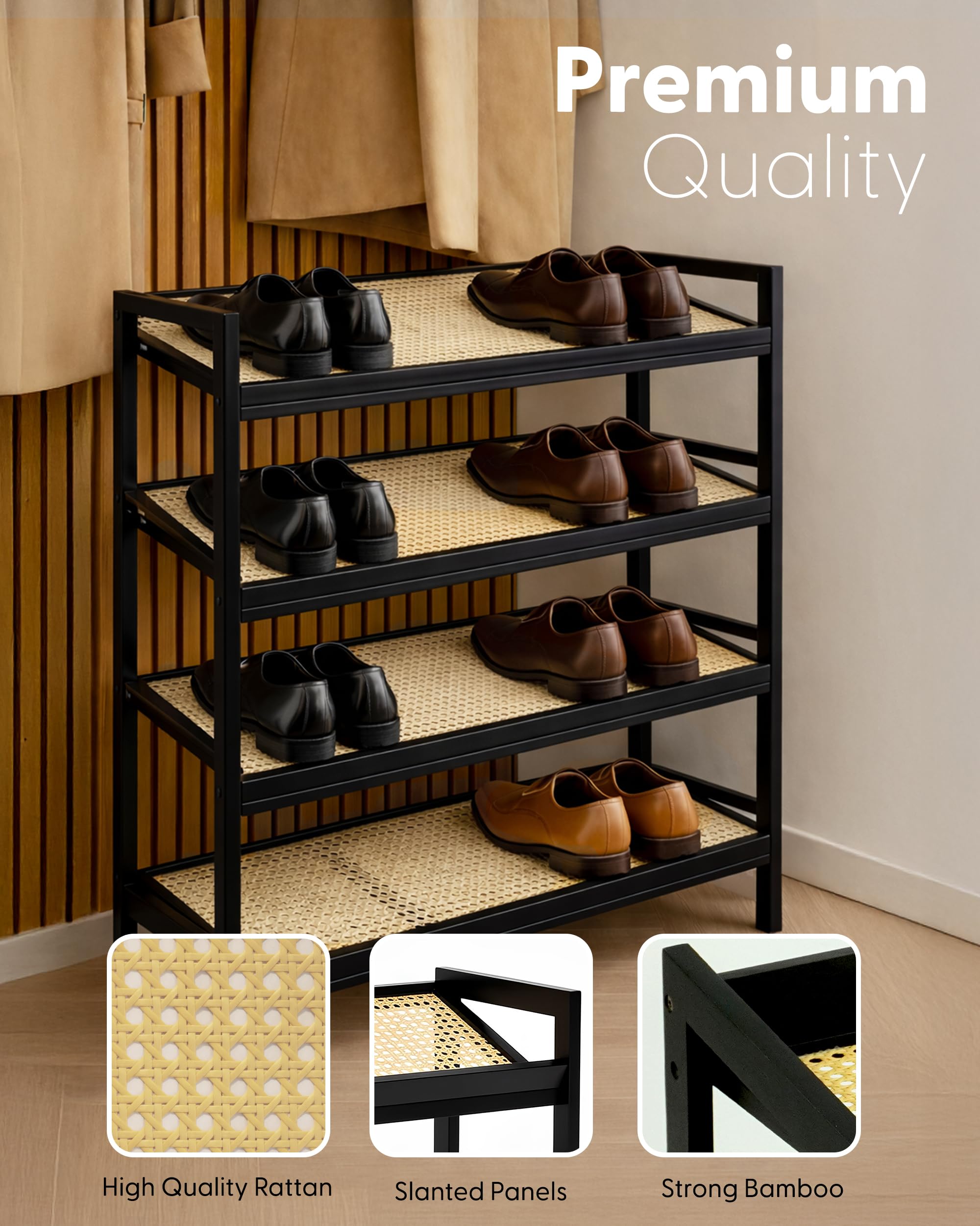 KEPLIN 4 Tier Bamboo and Rattan Shoe Rack - Natural/Black | 70x29x75 cm | Holds 12 Pairs 4