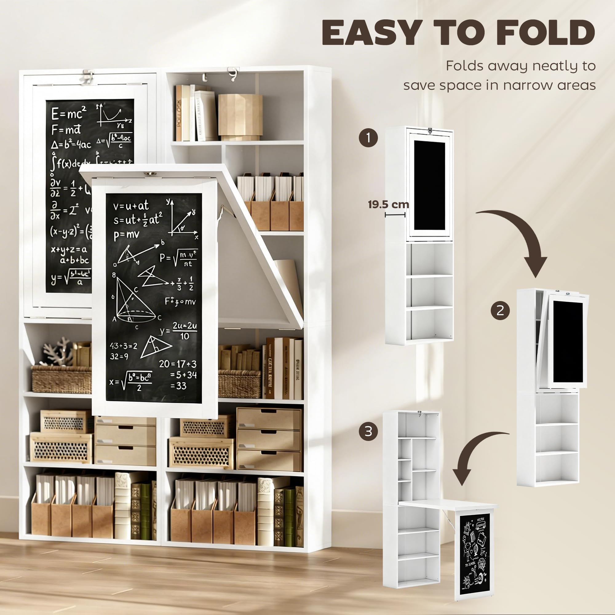 HOMCOM Wall Mounted Computer Desk - Space Saving Folding Study Table with Bookshelf | White | 98W cm 4