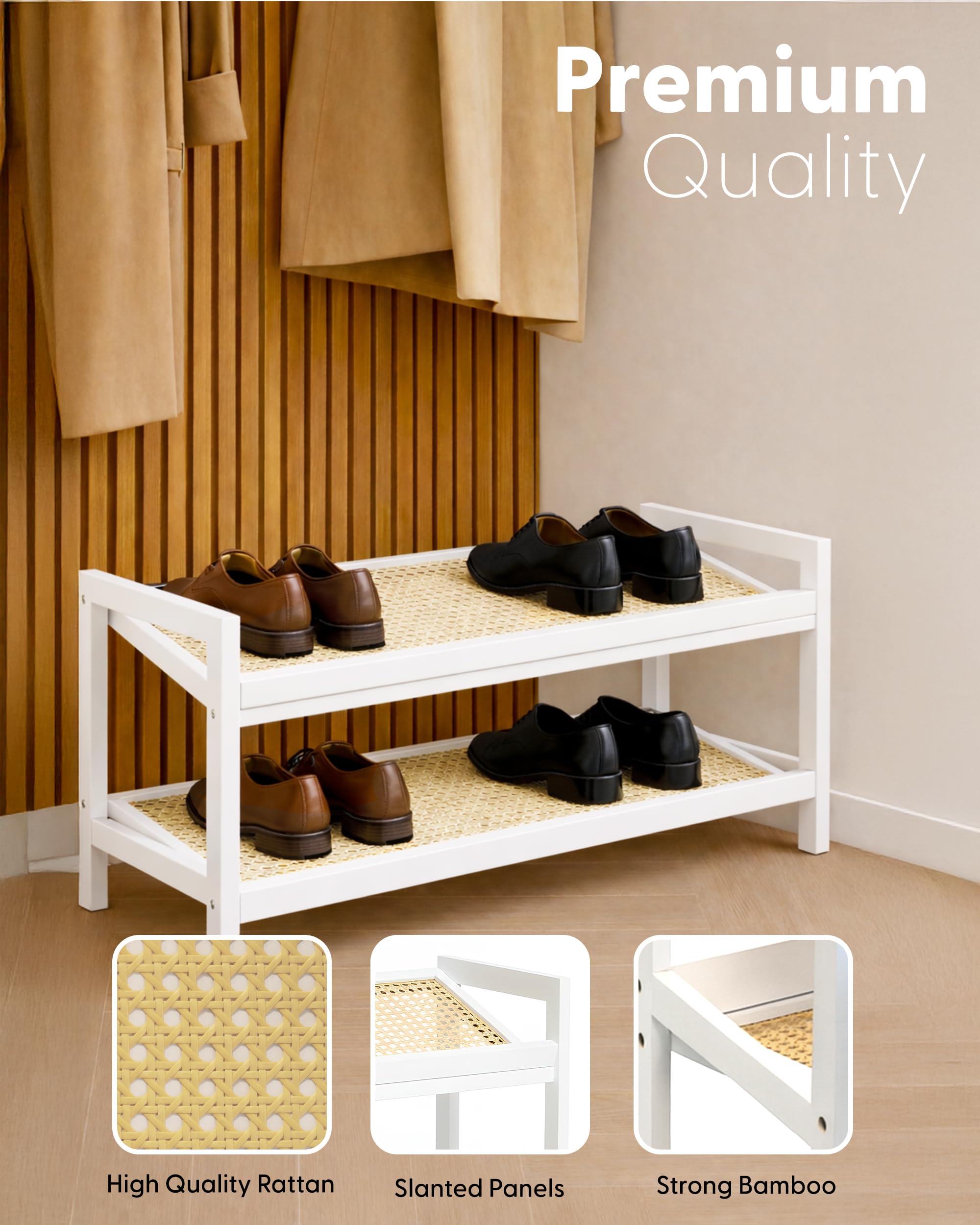 KEPLIN 2 Tier Bamboo and Rattan Shoe Rack - Compact Entryway Storage | 70cm Width | Natural/White 4