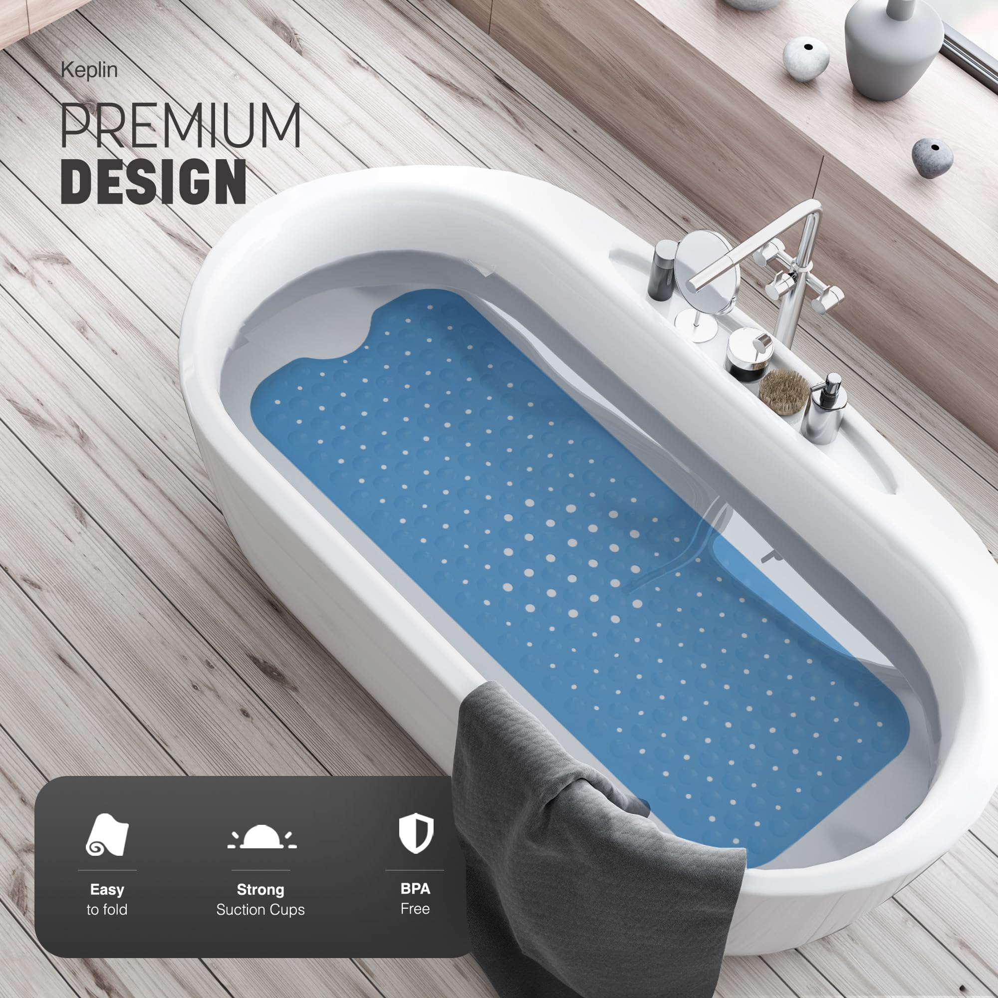 KEPLIN Premium Non-Slip Bathtub Mat - 200 Suction Cups, BPA & Latex Free, Blue, 100 x 40 cm 3