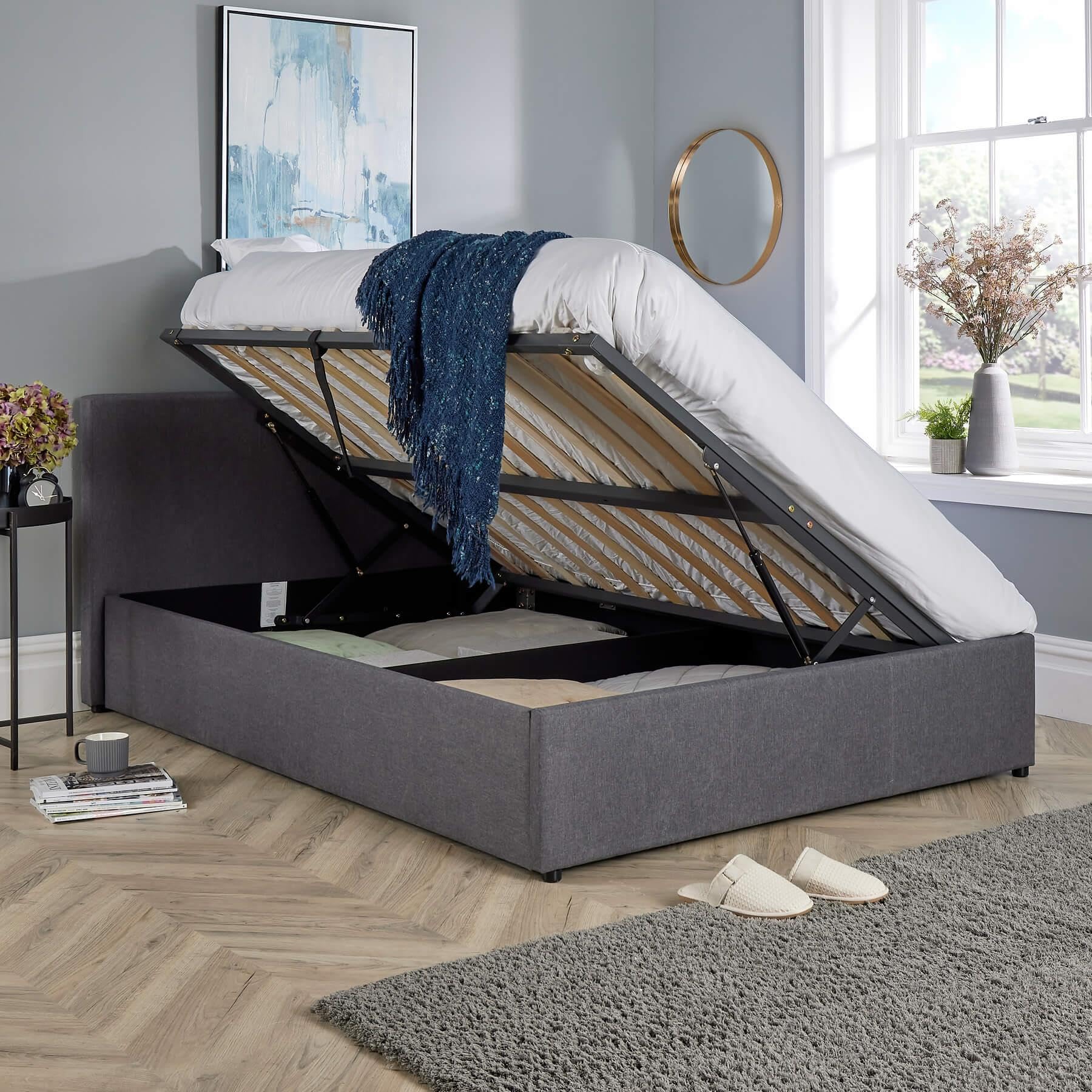 Home Source Small Double 4ft Side Gas Lift Fabric Ottoman Storage Bed, Grey 1