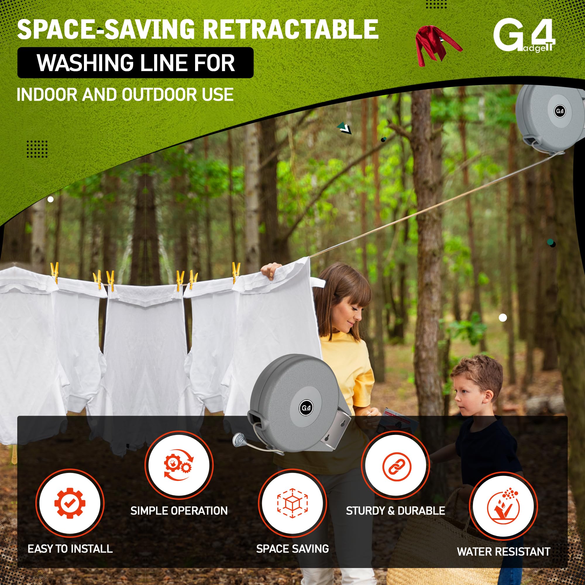 G4GADGET Outdoor Retractable Clothes Line - 15m Drying Space | Heavy Duty | Grey 5
