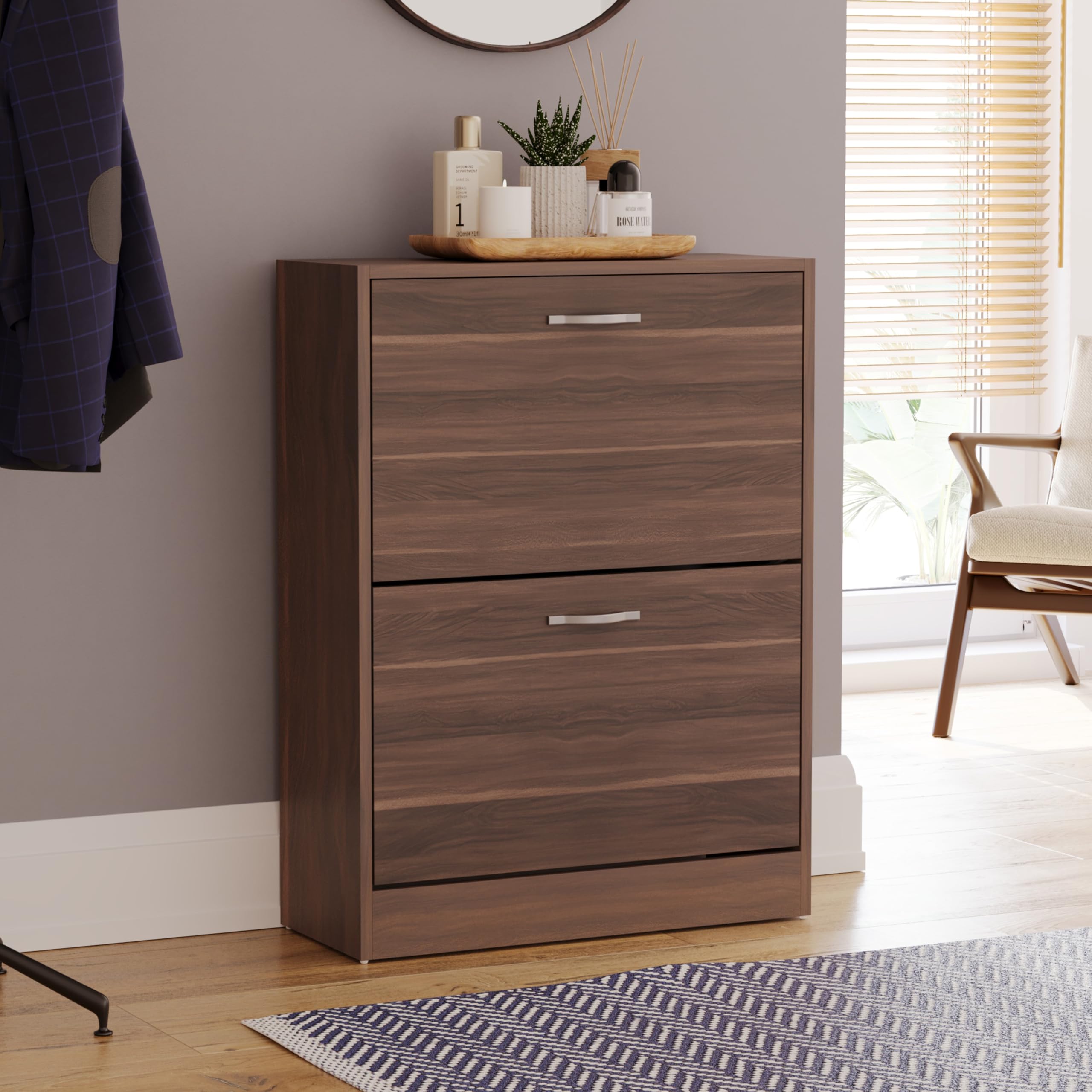 Vida Designs Wooden Shoe Cabinet - 2 Pull-Down Drawers | Slim Entryway Storage | Walnut 1