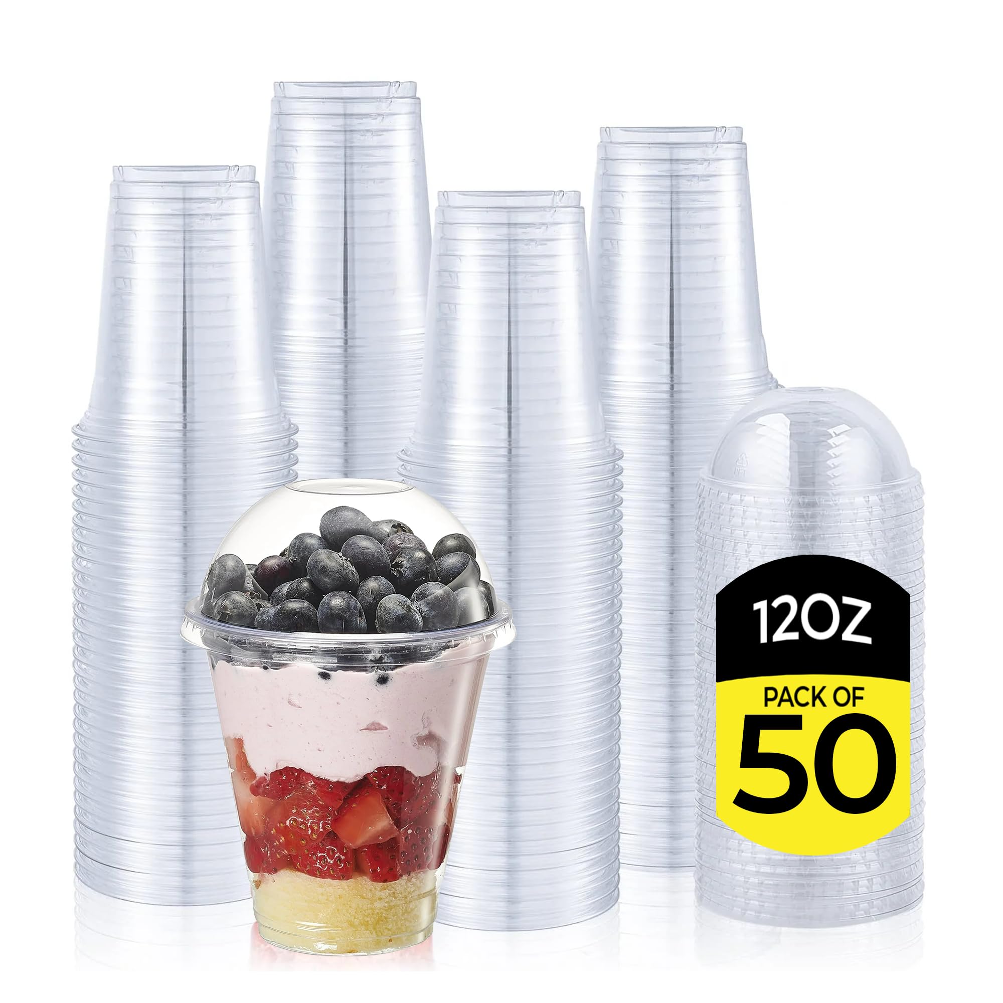Zuvo Plastic Smoothie Cups with Dome Lids - 12 OZ (Pack of 50) - Leak Proof