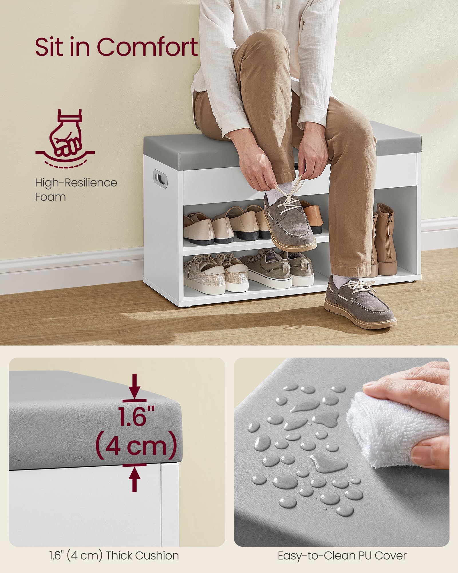 VASAGLE Storage Bench with Padded Seat - 3 Compartments, 150 kg Capacity | Cloud White 5